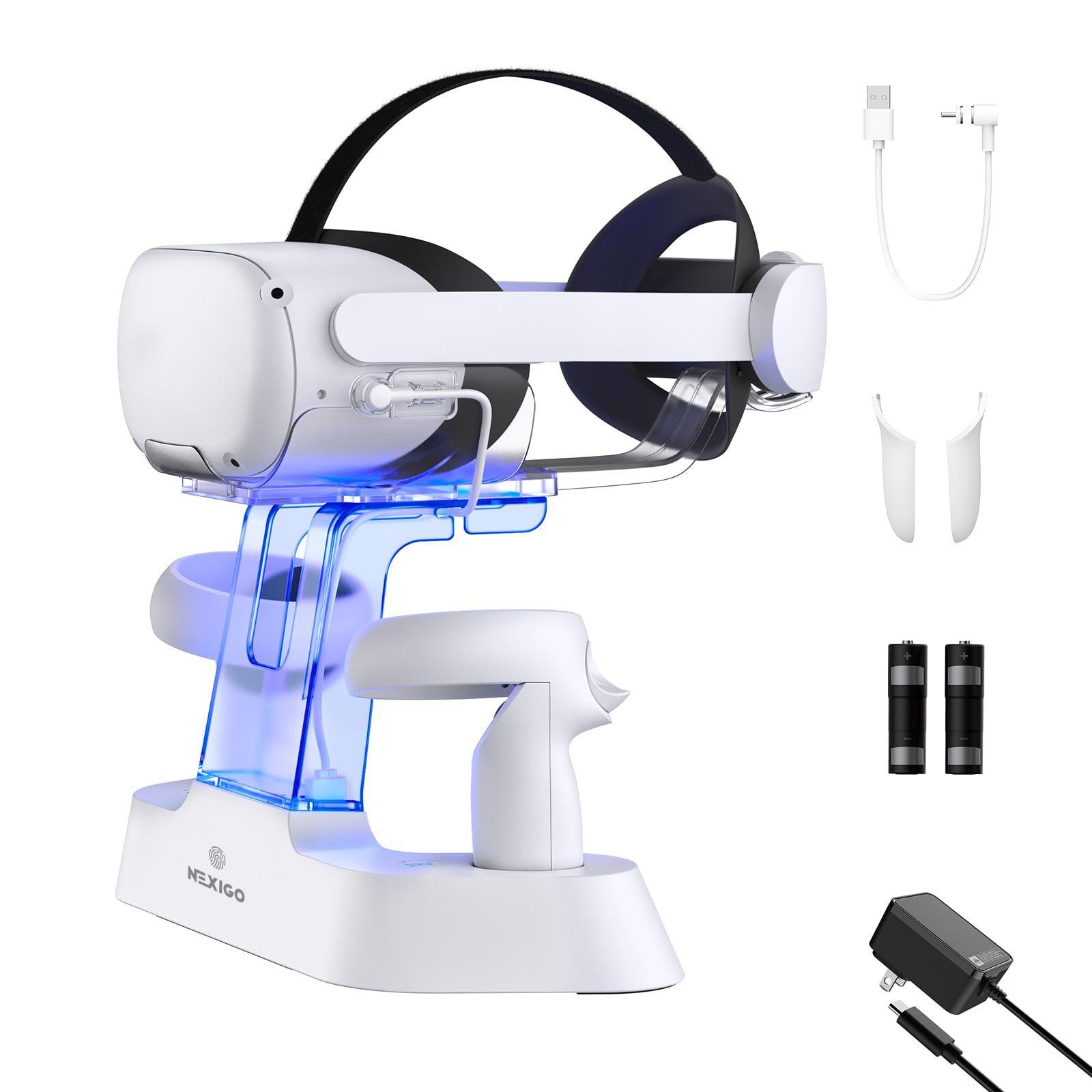 NexiGo Enhanced Charging Dock with LED Light [On/Off] for Oculus Quest 2 - Compatible with Elite Strap Battery, VR Headset Display Stand & Controller Holder - Includes 2 Rechargeable Batteries & USB-C Charger - Perfect for Oculus Quest 2 Gaming Setup & VR Accessories Organization