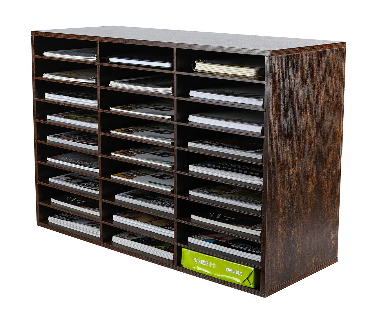 PAG Wooden Mail Sorter Organizer - 27 Compartment Literature Organizer for Classroom & Office - Desktop Paper Bill Organizer for Home School - Brown (Perfect for Teachers, Students & Office Workers)