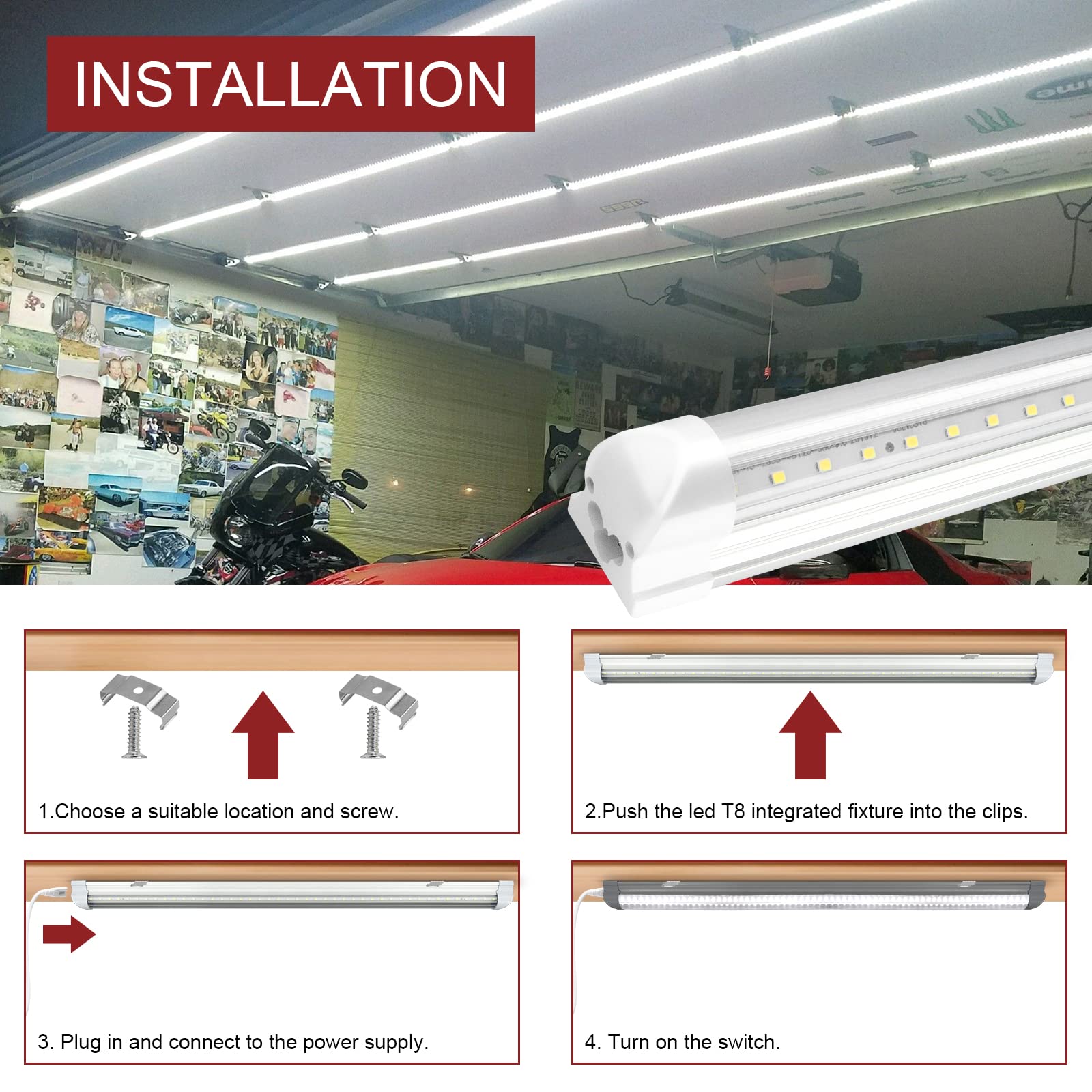 (8 Pack) T8 LED Shop Light 4FT, 40W 5200LM 5000K Daylight White Linkable LED Tube Lights - Energy Saving Bright Lighting for Garage, Workshop, Warehouse, Basement, Office & Retail Spaces - Clear Cover, Easy Installation