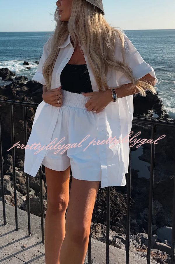 Women's Summer Casual Loose Short Sleeve Shirt & Elastic High Waist Shorts Set - Comfortable Outfit for Beach Vacation, Streetwear and Daily Wear