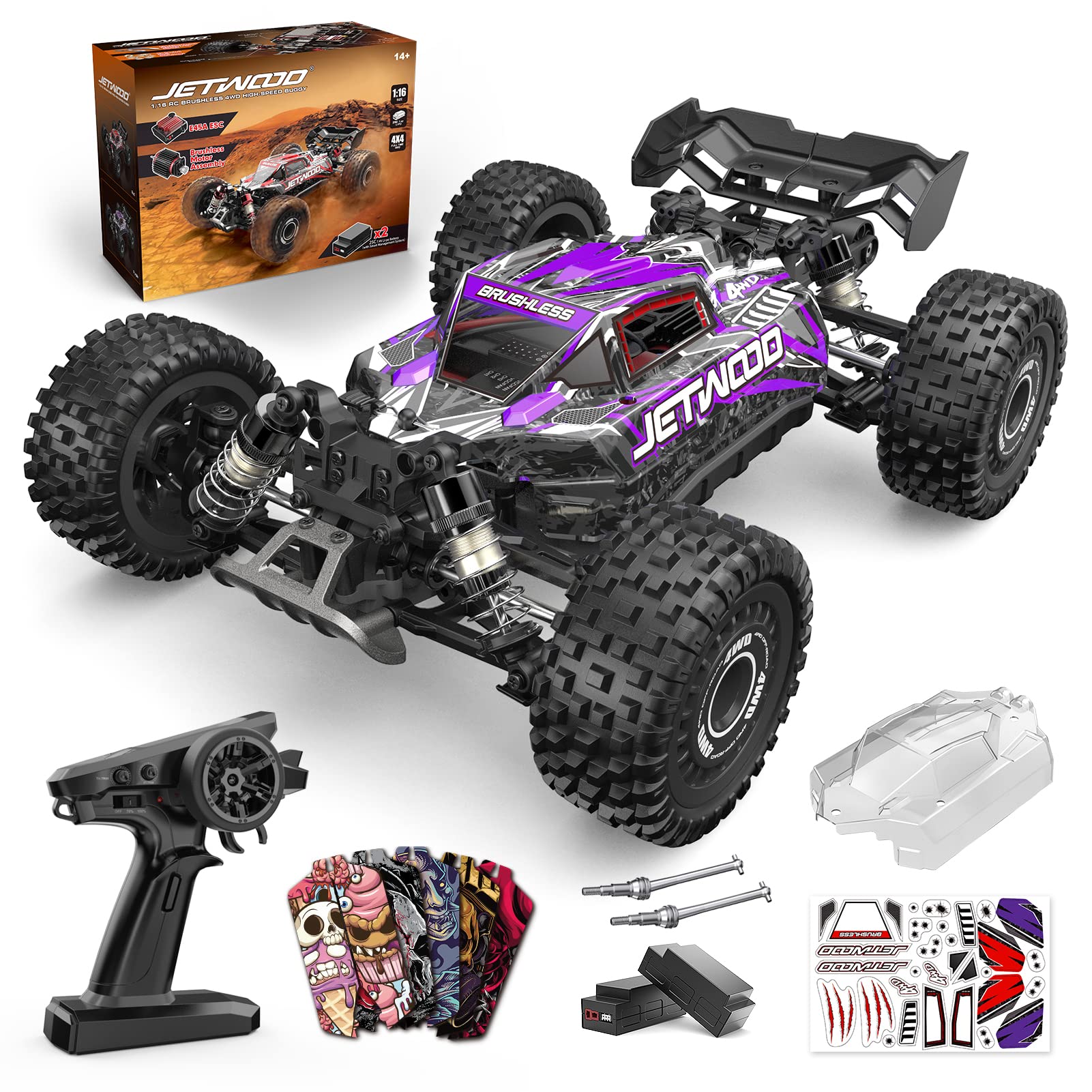 Jetwood 1/16 Scale Fast Remote Control Car for Adults - Electric 4WD RTR Brushless RC Truck, High Speed Offroad Buggy with 2 Lipo Batteries (Max 42 MPH) - Perfect for Racing, Off-Road Adventures & Gifts for Boys & Teens