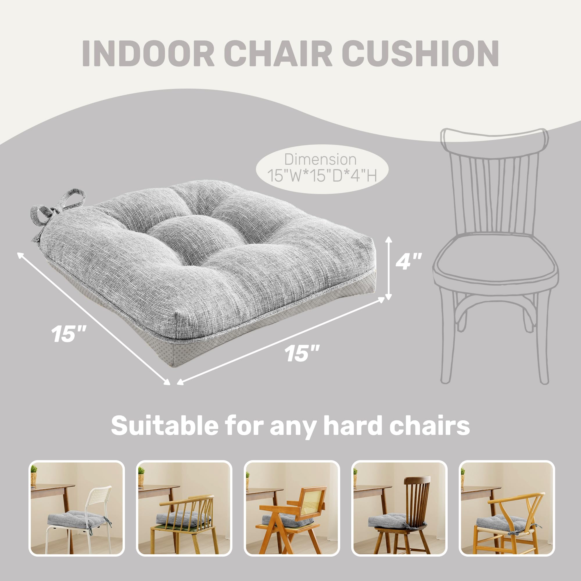 UNIKOME 4-Pack Tufted Non-Slip Memory Foam Chair Cushions with Ties - 15.5