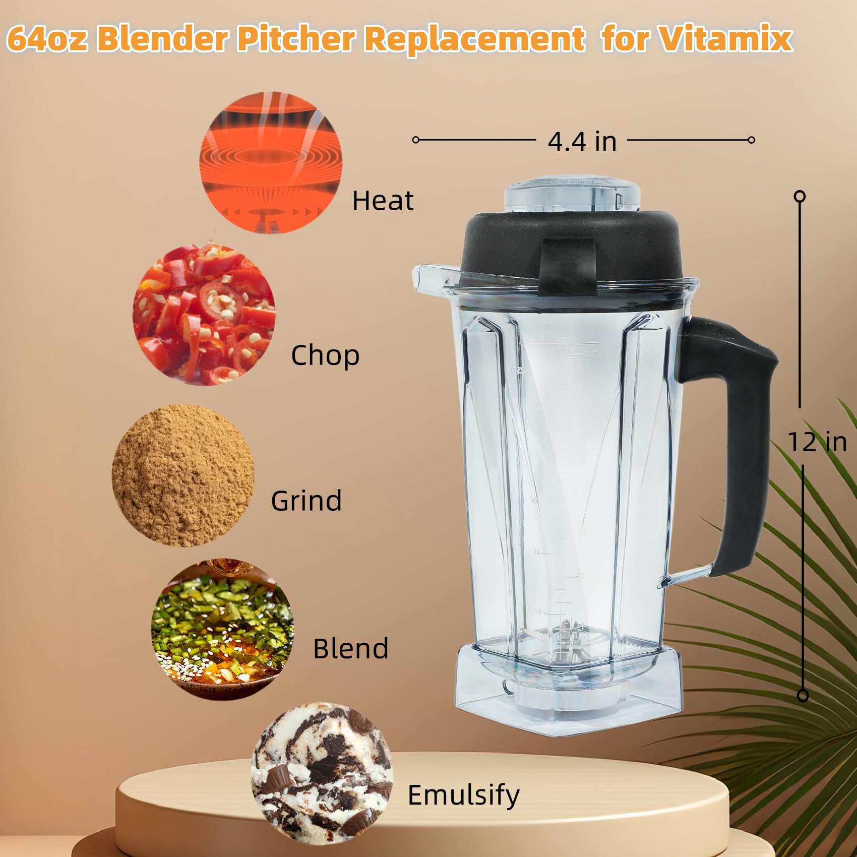Vitamix Blender Pitcher 64oz - Replacement Container for Vitamix 5200, 5300, 6300, 7500, E310, Classic, Explorian, Professional Series (VM0197, VM0101, VM0100, VM0103) - Perfect for Smoothies, Soups & Nut Butters