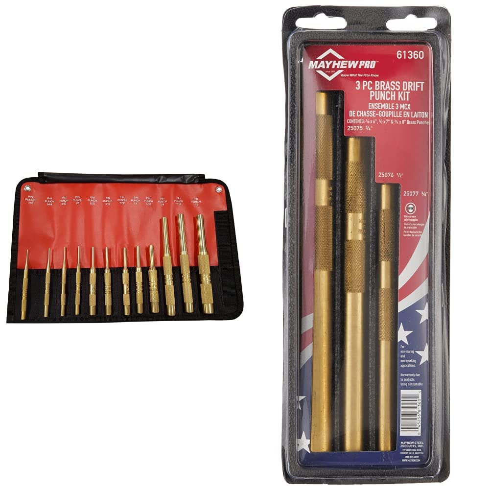 Mayhew Tools 15-Piece Brass Pin Punch and Drift Punch Set - Professional Metalworking & Woodworking Tool Kit for Automotive, Carpentry, and DIY Projects