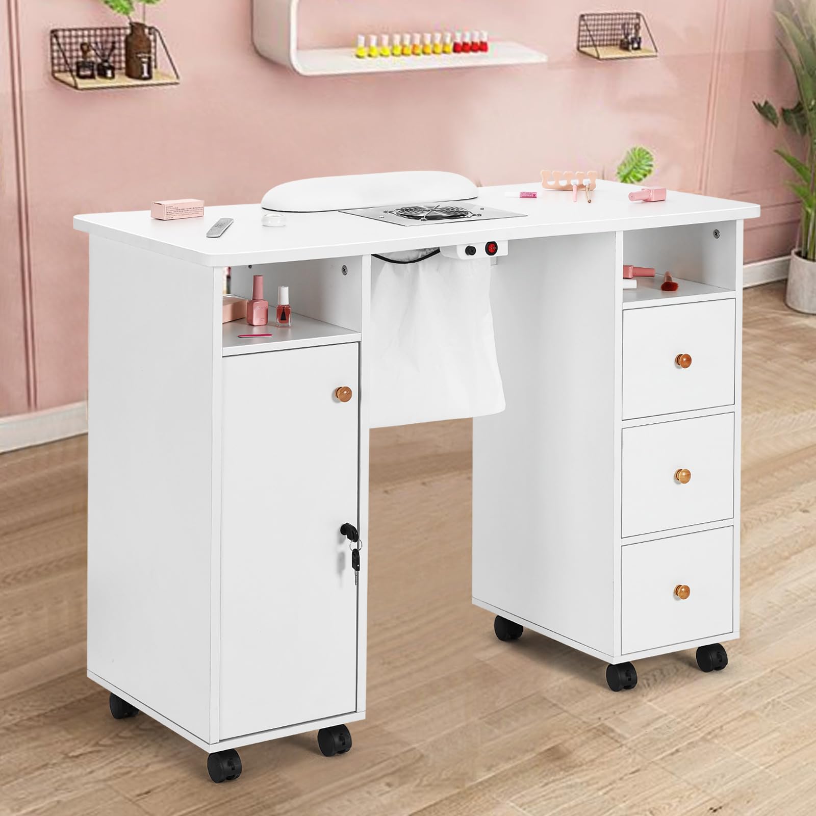 Professional Manicure Table with Wrist Cushion & Lockable Wheels - White Nail Salon Desk with Storage Drawers & Electric Downdraft Ventilation System | Perfect for Nail Technicians, Home Salons & Spa Businesses