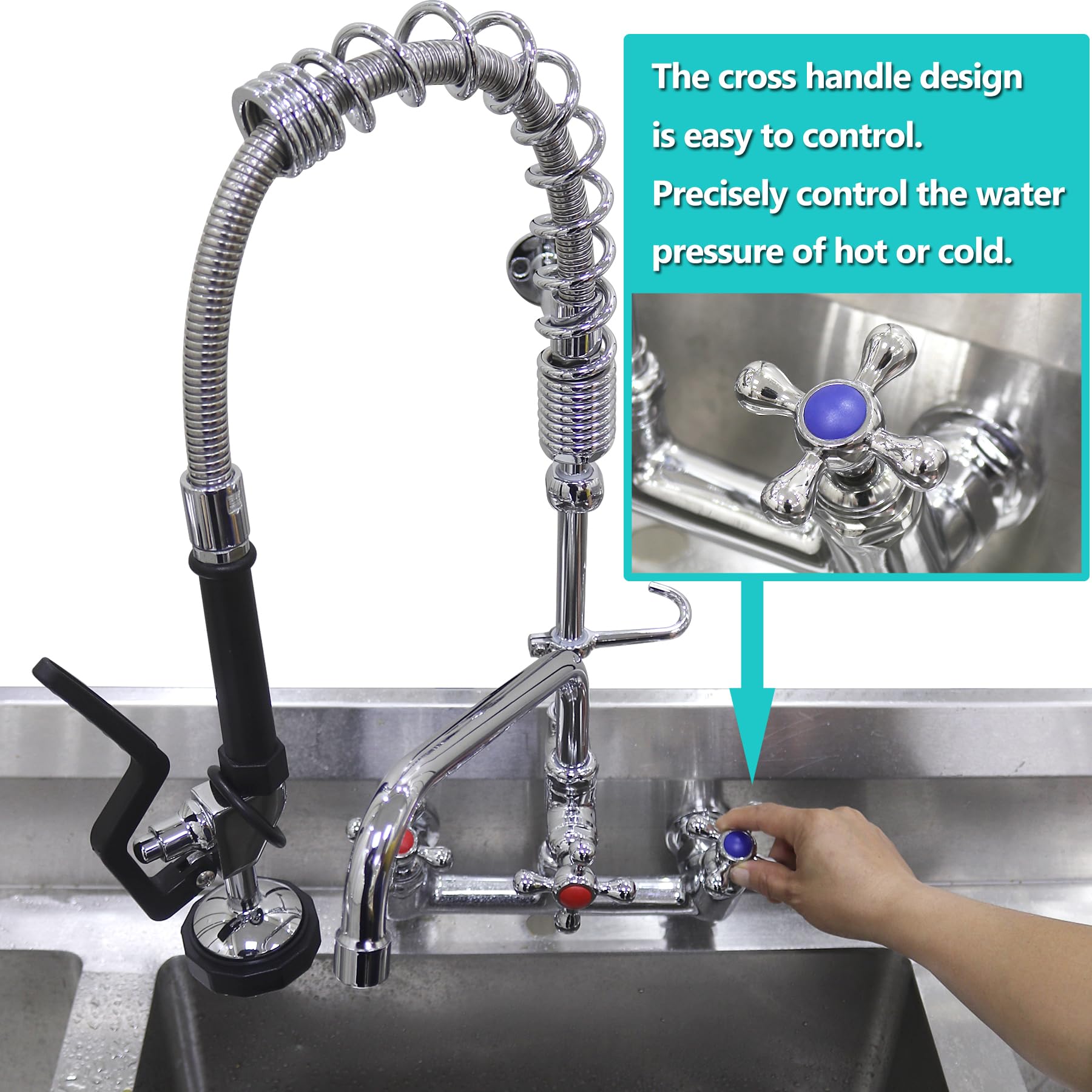 Commercial Pre-Rinse Sink Faucet - 8 Inch Wall Mount Restaurant Faucet with 10 Inch Swing Spout & Pull Down Sprayer (26 Inch Height) - Ideal for Commercial Kitchens, Restaurants, and Food Service Areas