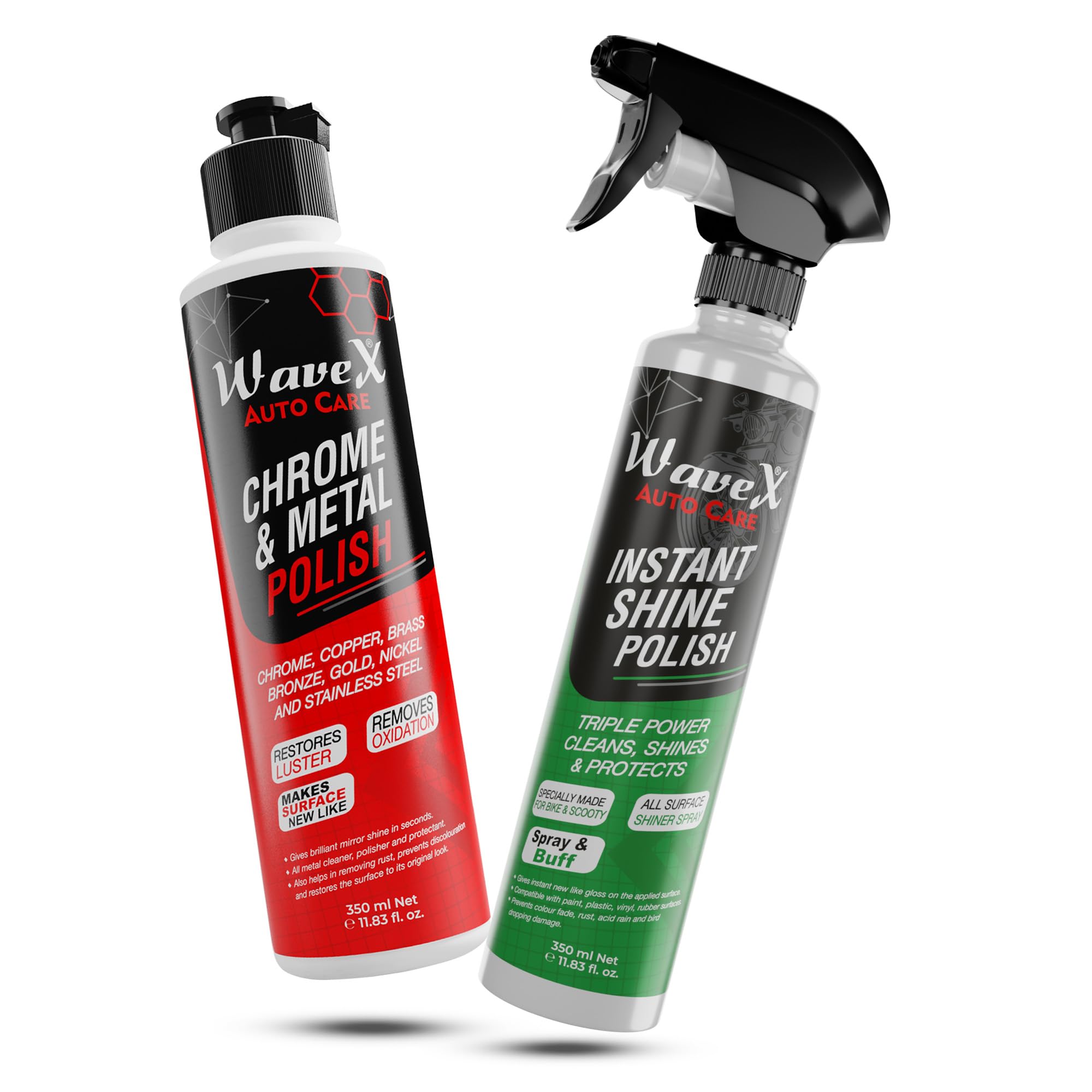 Wavex Bike Cleaning Kit - 350ml Instant Shine Bike Polish & 350ml Metal Polish for Chrome | Clean, Shine & Protect Your Bicycle (Set of 2) | Perfect for Road Bikes, Mountain Bikes & Motorcycle Maintenance
