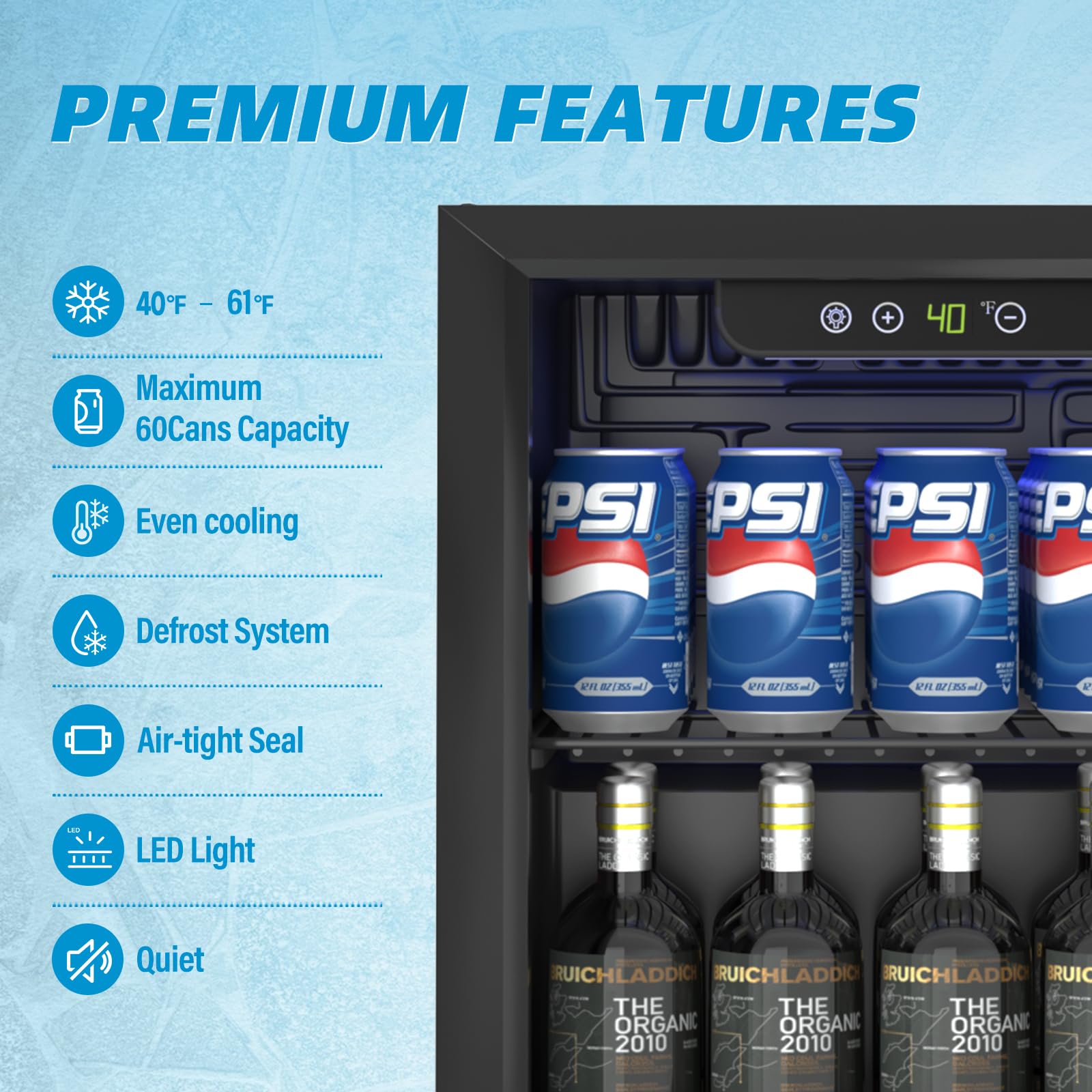 60 Can Mini Fridge - 1.3 Cu Ft Compact Beverage Cooler with Glass Door, Adjustable Shelves & Digital Display for Soda, Beer, Wine - Perfect for Home Bar, Office, Dorm Room or Under Counter Use