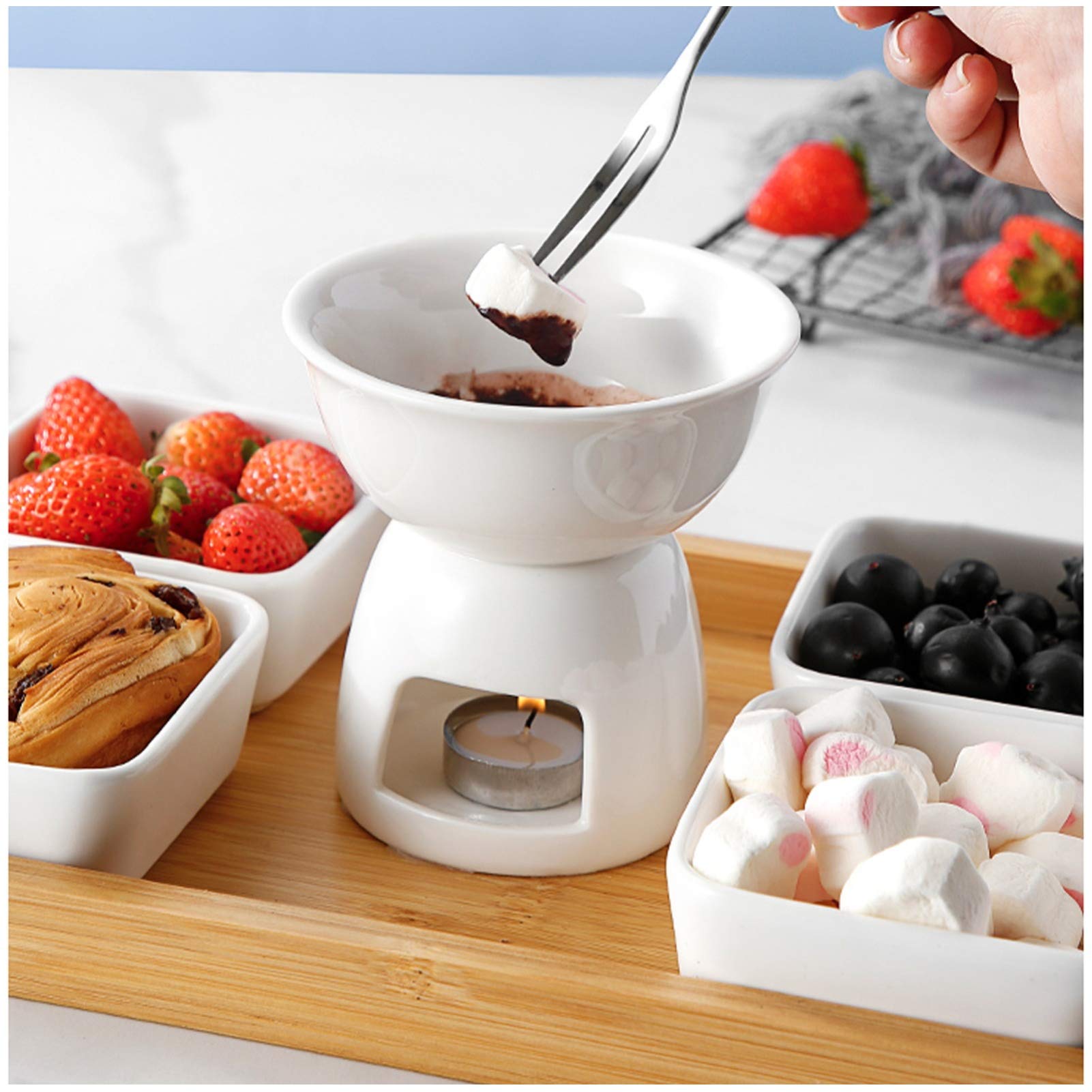 Chocolate Fondue Pot Set - Ceramic Melting Bowl with Stove for Cheese, Butter & Chocolate - Perfect for Home Kitchen, Parties & Romantic Dinners