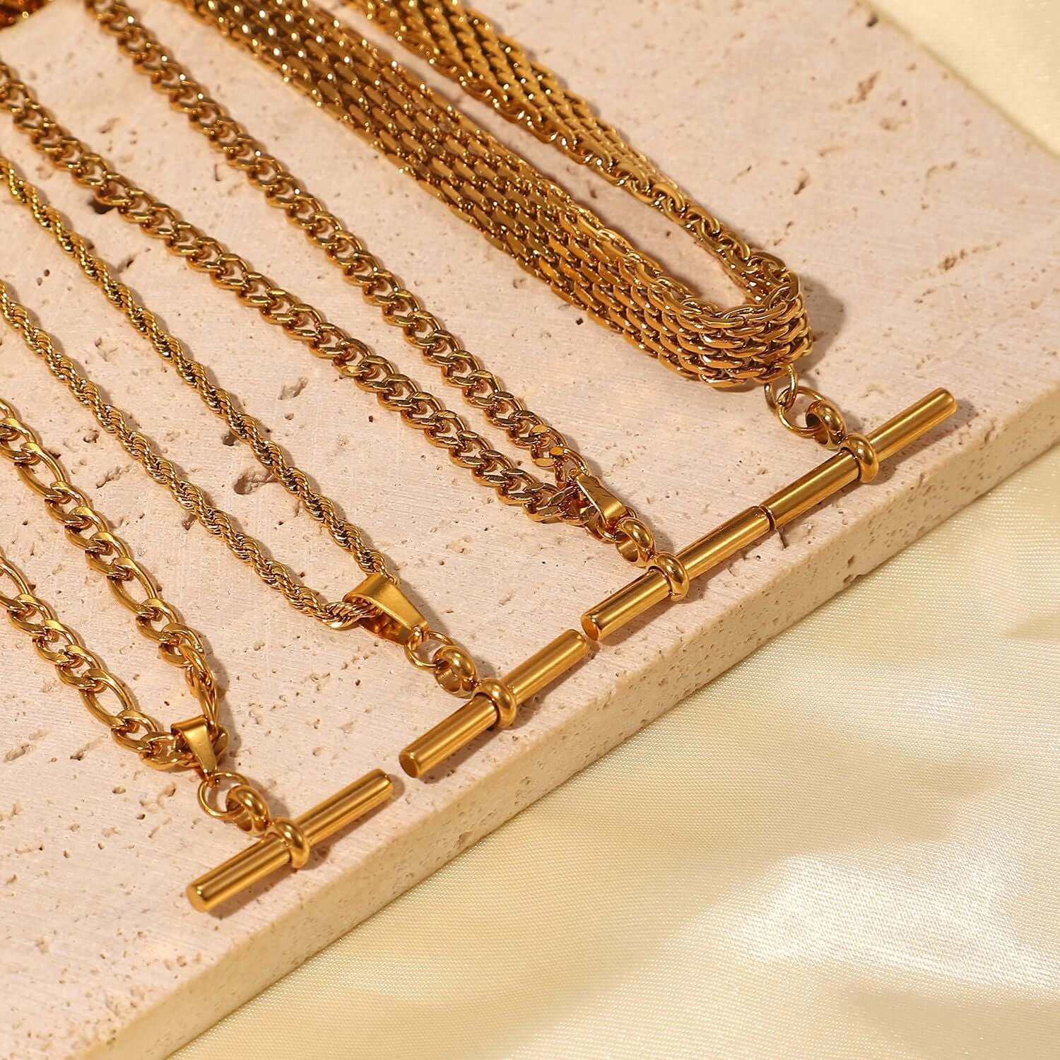 18K Gold Plated Figaro & Rope Chain T Bar Pendant Necklace for Women - Elegant Layering Jewelry Gift for Birthday, Anniversary & Valentine's Day | JDN735