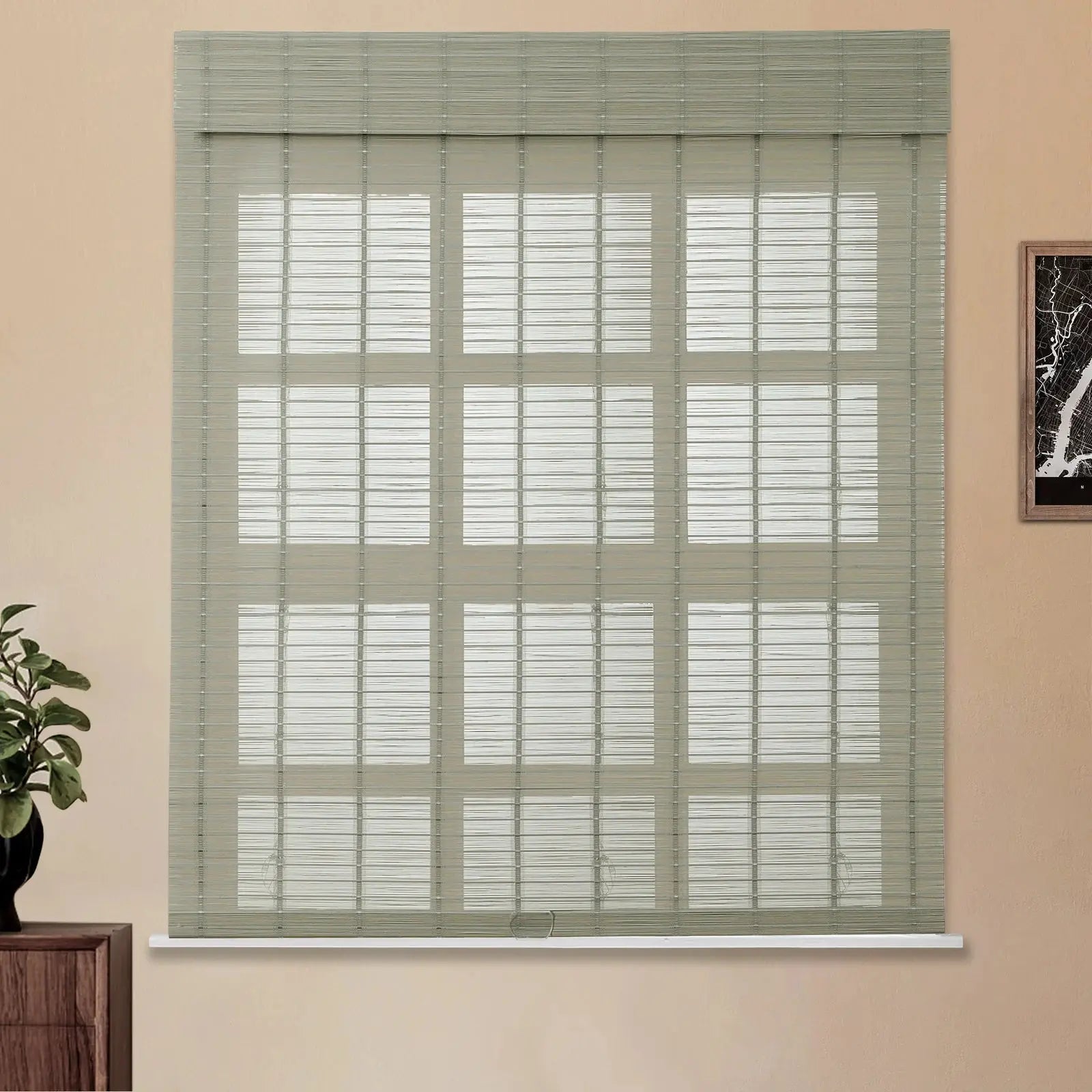 Sybil Bamboo Roman Shade in Green Haze - Natural Eco-Friendly Window Treatment for Living Room & Bedroom