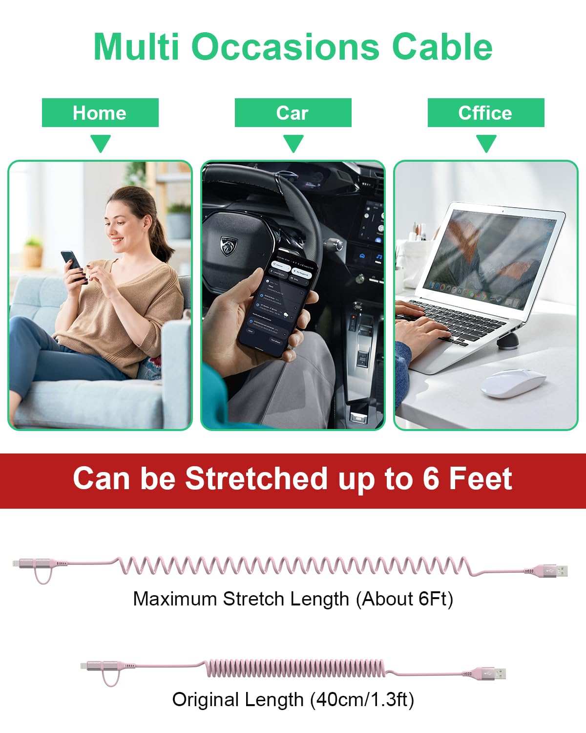 Pink Retractable Car Charger Coiled Lightning Cable - 2 in 1 MFi Certified Fast Charging Cable for iPhone & USB C Devices (3A Quick Charge, Data Sync) - Perfect for Apple CarPlay & Android Auto in Cars, Trucks & RVs