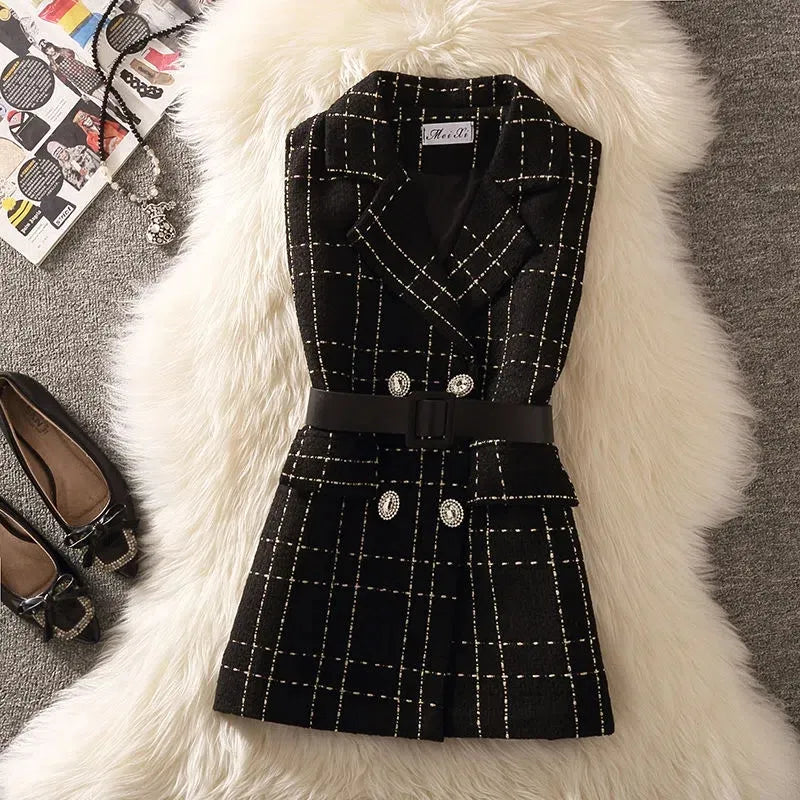 Stylish Women's 3-Piece Plaid Tweed Suit Set - Vintage Korean Style Short Jacket Vest with Belt, Pants & Knit Sweater | Office Wear, Casual Outfits & Fall Fashion