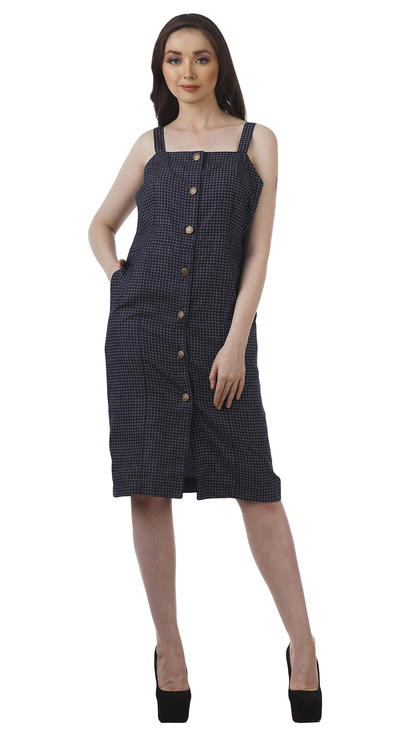 Bimba Women's Chambray Button Down Pinafore Dress - Knee Length Casual Short Dress for Everyday Wear, Office, and Date Nights