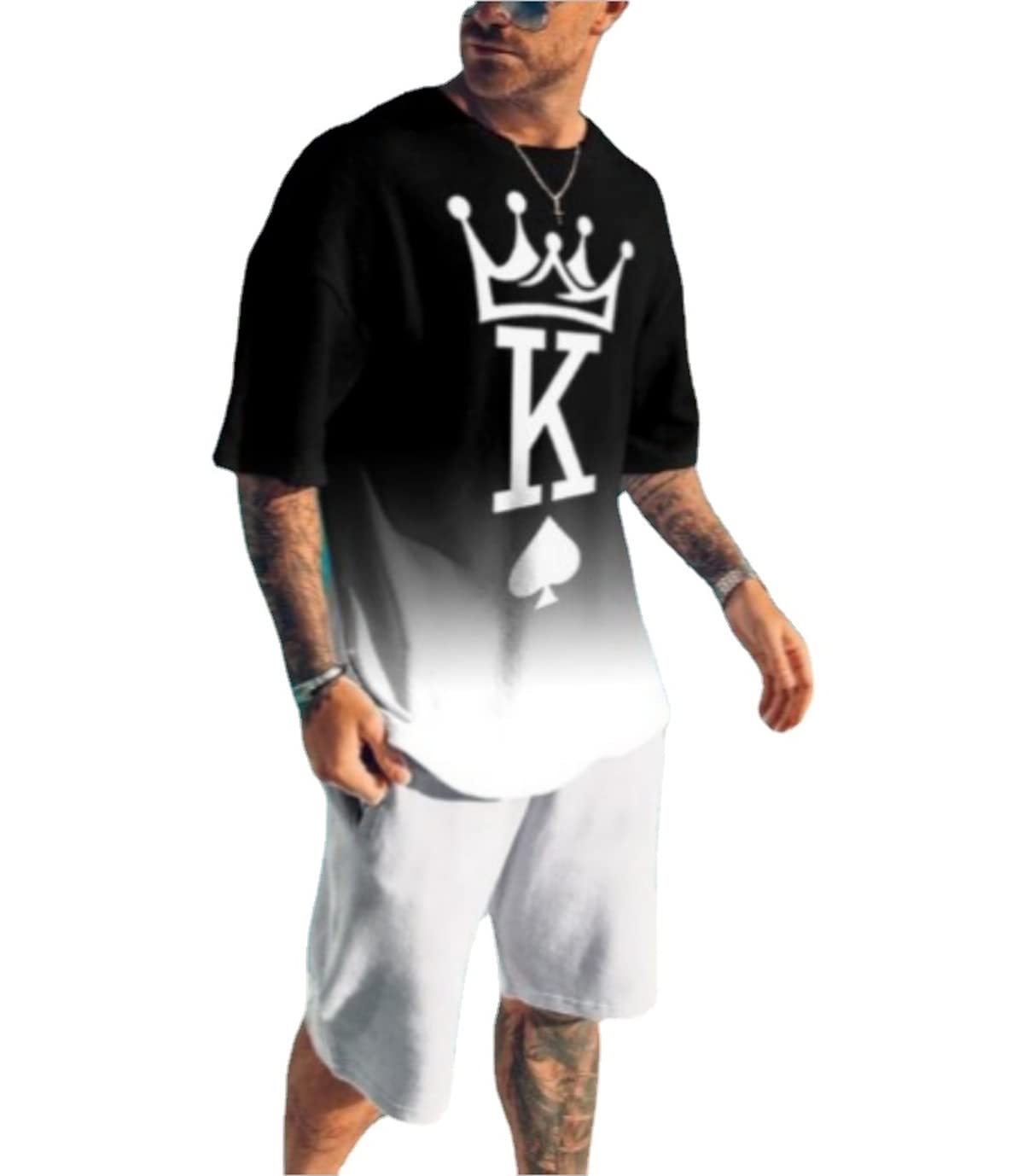 MARLLCO Men's Summer Tracksuit Set - 2 Piece Short Sleeve T-Shirt & Athletic Shorts with 3D Poker Print - Gym, Workout & Casual Wear for Men