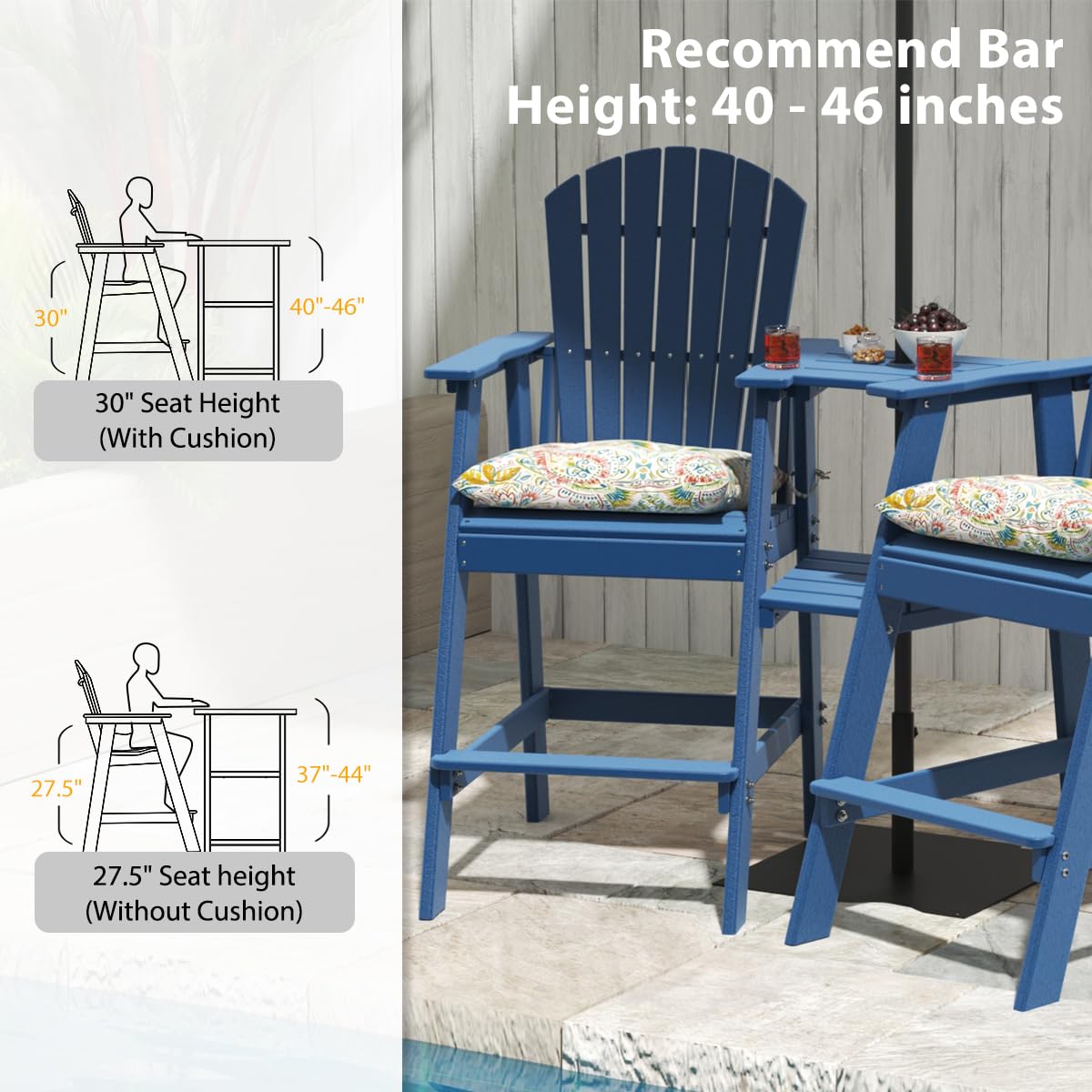 Sundale Outdoor 3-Piece Adirondack Bar Set with Patio Umbrella Table & 2 Counter-Height Bar Chairs - Navy Blue HDPE Pub Table & Stools w/ 2 Umbrella Hole Caps | Perfect for Backyard, Deck, Poolside & Outdoor Dining