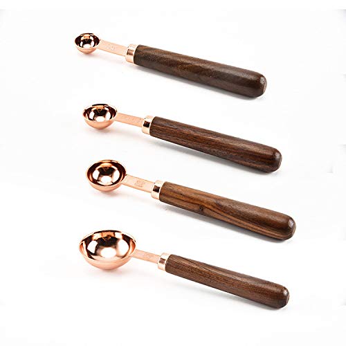 Premium Stainless Steel Measuring Cups and Spoons Set with Walnut Handle - 8-Piece Baking Essentials (4 Cups + 4 Spoons) in Elegant Rose Gold - Perfect for Home Baking, Cooking, and Gift Giving