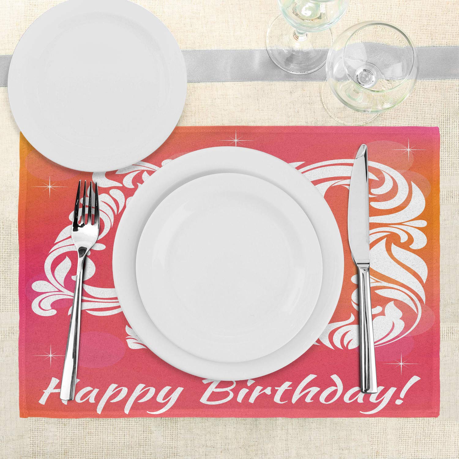 Ambesonne 40th Birthday Placemats Set of 4 - Happy 40th Celebration with Starry Design - Washable Fabric Table Mats for Dining Room & Kitchen Decor in Pink, Orange & White - Perfect for Birthday Parties & Anniversary Celebrations
