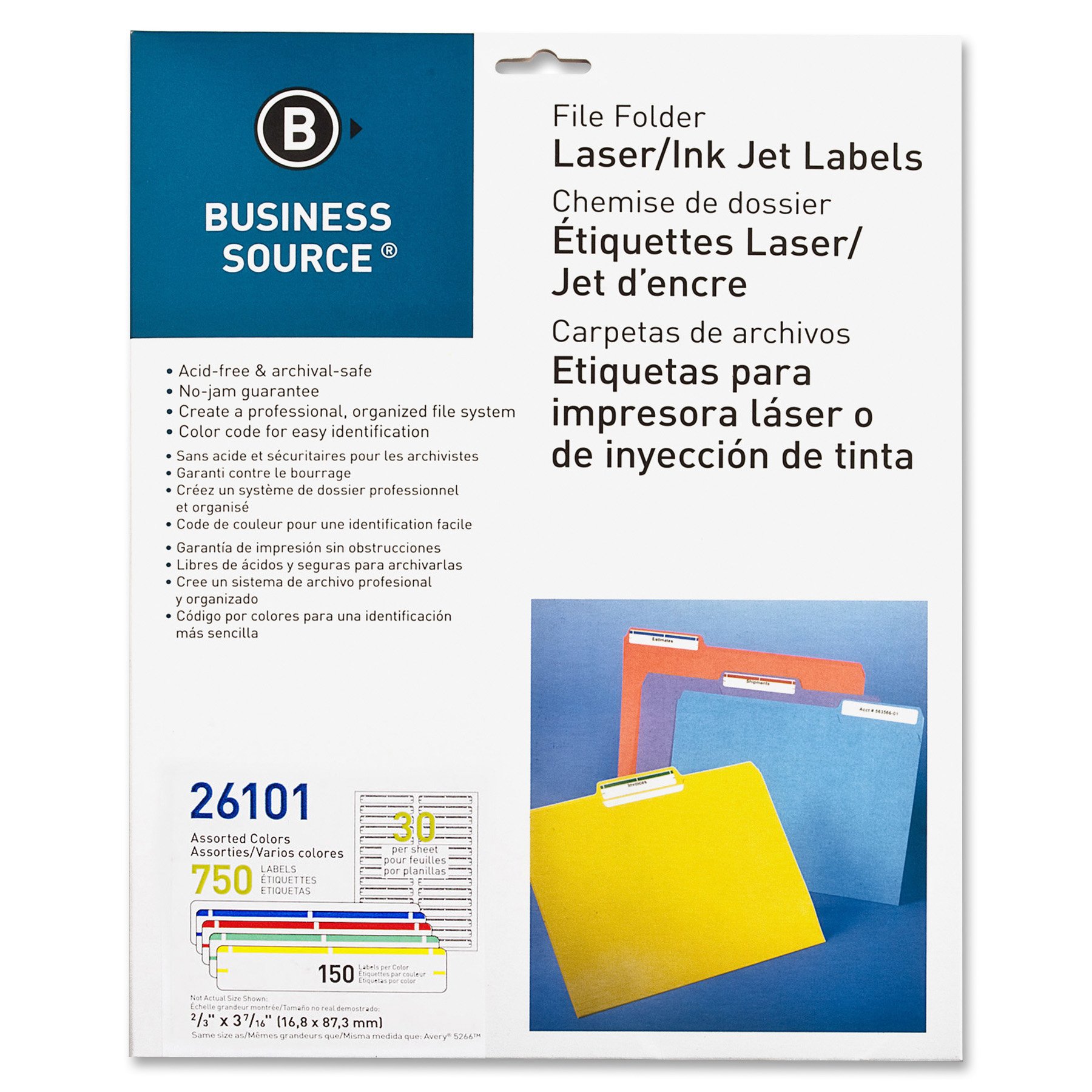 Business Source Laser/Inkjet File Folder Labels - 750/Pack, Assorted Colors (26101) - Perfect for Office Organization, Document Filing & Home Office Use