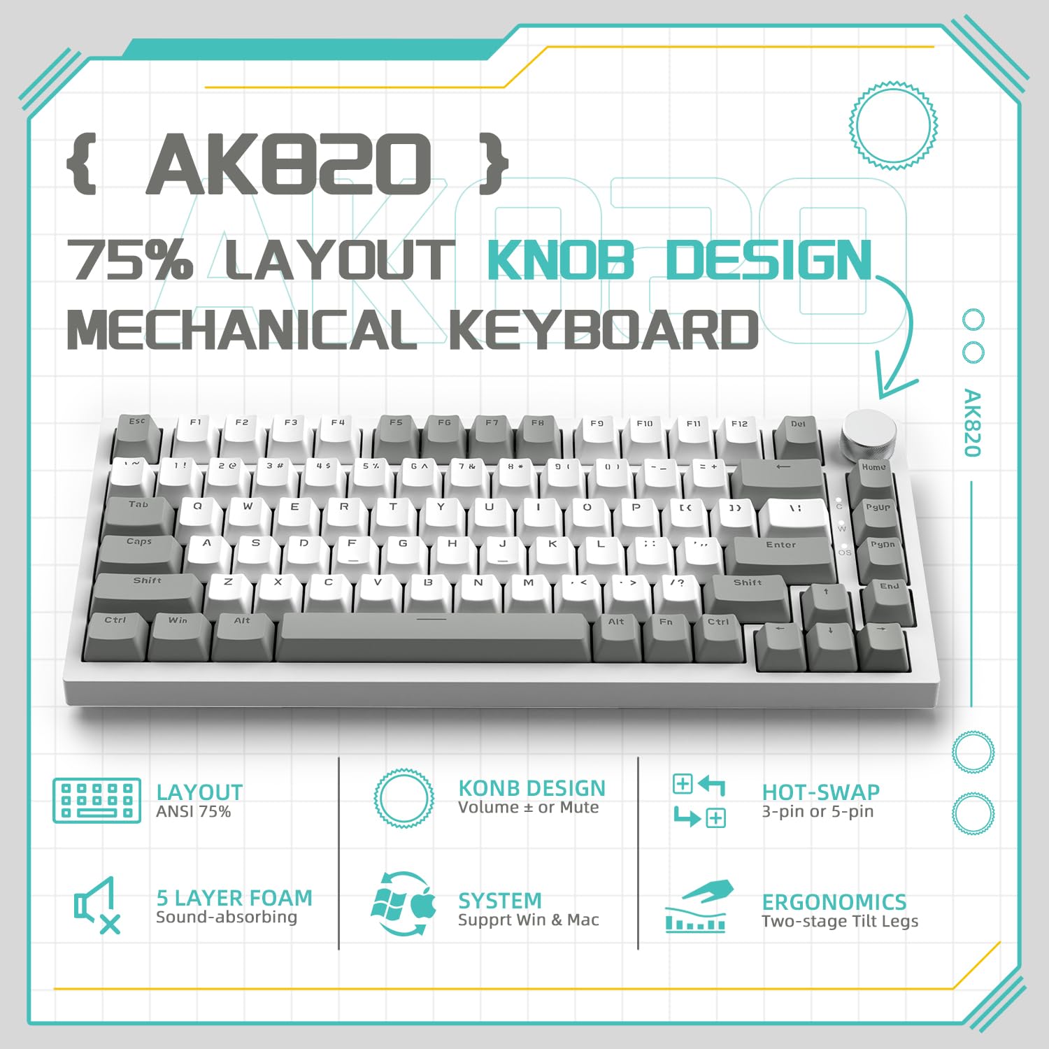 AJAZZ AK820 75% ANSI Mechanical Gaming Keyboard - 81 Keys, Hot-Swap Red Switches, White Backlight, Wired USB for PC/MAC (Gray & White) | Perfect for Esports, Office Work & Typing Enthusiasts
