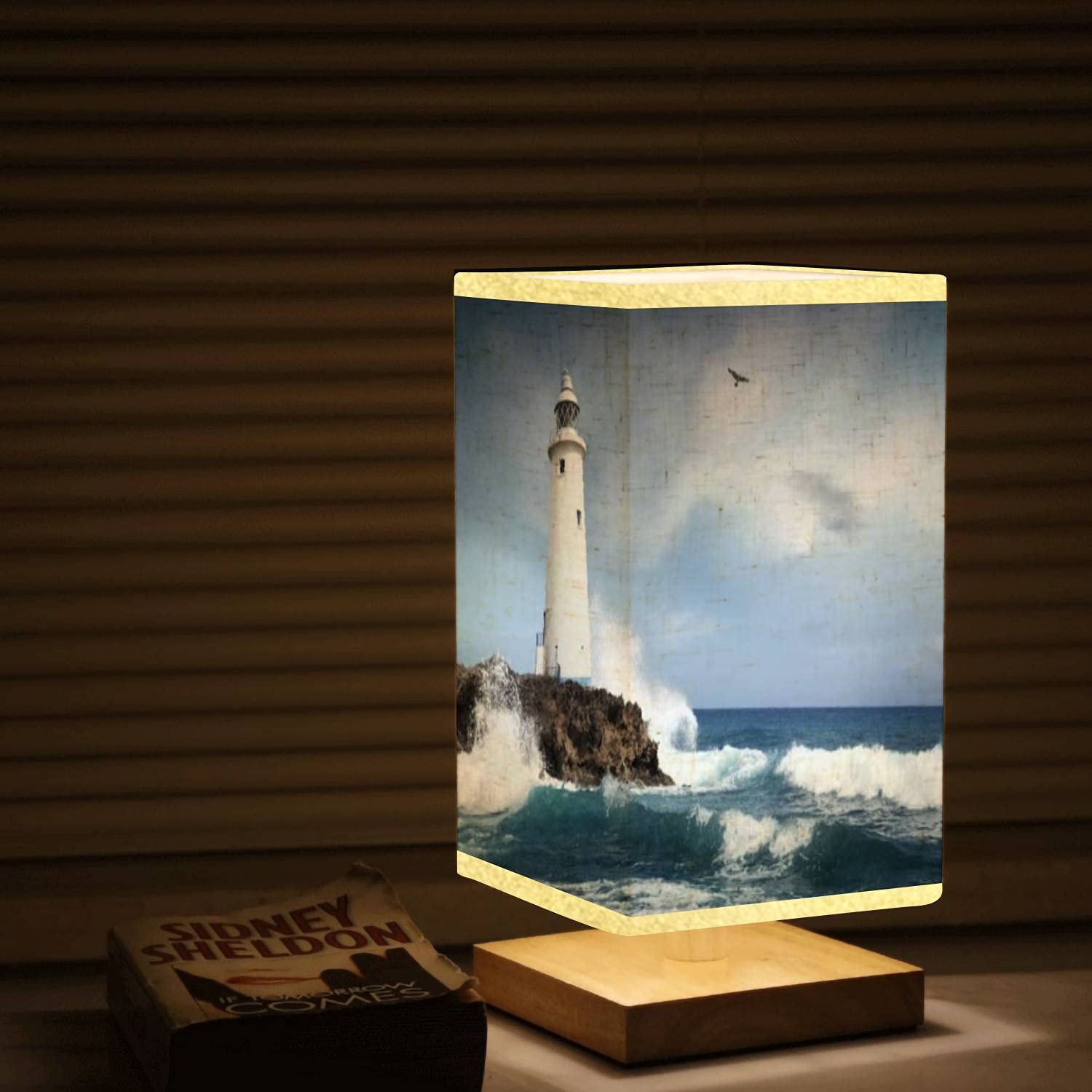 White Lighthouse on The Cliff Square Bedside Table Lamp - Wooden Base with Flaxen Fabric Shade, Dimmable Nightstand Lamp for Bedroom & Living Room (5.5x10 Inch) - Perfect for Coastal Decor, Reading Nook & Guest Room Ambiance