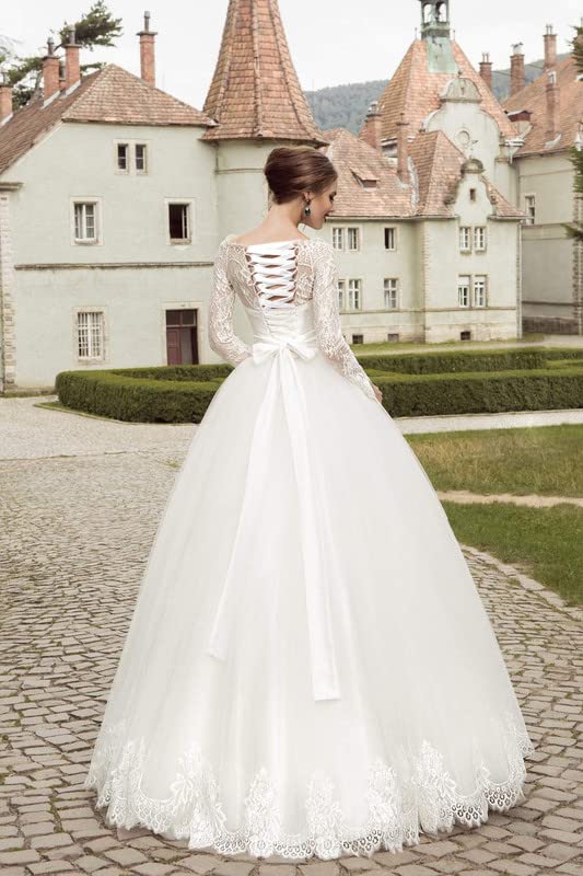 2024 Elegant Long Sleeve Tulle Wedding Dress with Lace Appliques - Romantic Ball Gown with Train for Bride | Perfect for Church Ceremony, Beach Wedding & Formal Reception