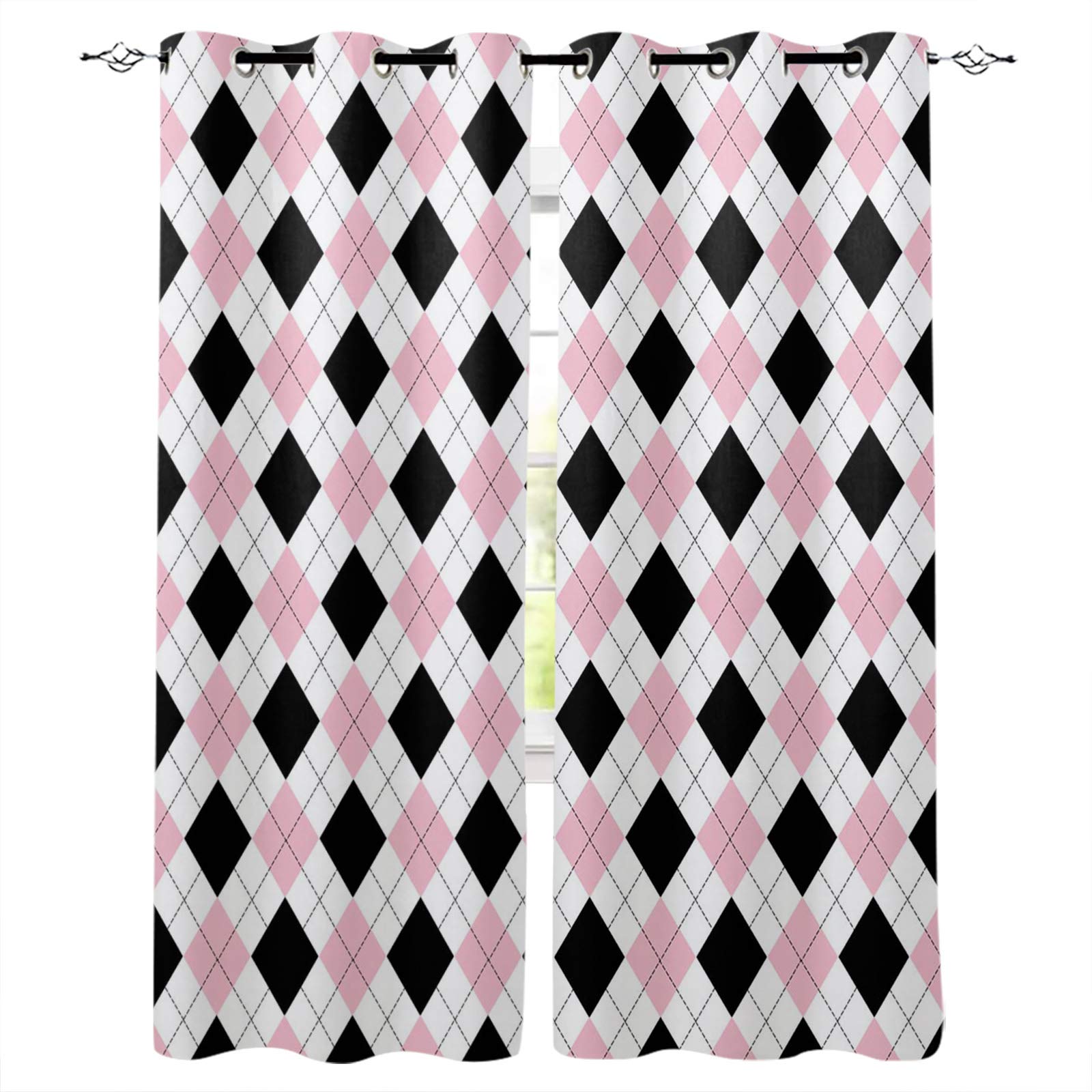 Blackout Curtains 42x45 Inch - Thermal Insulated Geometric Pink Black White Lattice Grommet Window Drapes for Bedroom, Living Room & Kitchen | Light Blocking, Noise Reducing & Energy Saving | Perfect for Home, Office & Nursery Decor