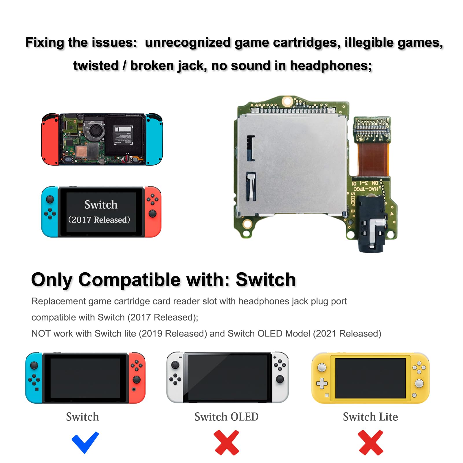 Nintendo Switch Game Card Reader Replacement - Compatible with NS Console, Repair Tool with Headphones Jack Plug Port | Fix Game Cartridge Slot Issues for Switch Gaming & Travel Use