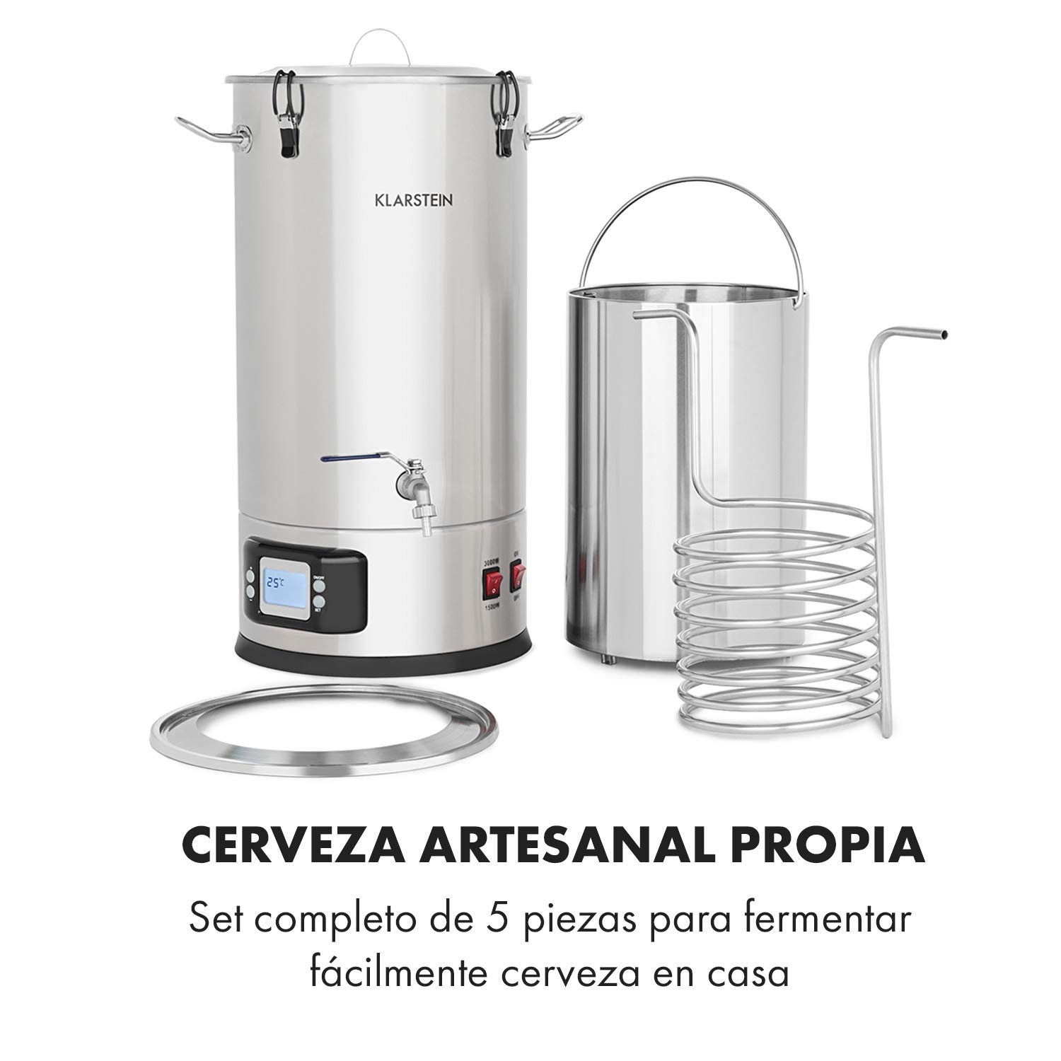 Klarstein Maischfest Mash Tun - Beer Brewing Barrel, Homebrew Fermentation Kit, 5-Piece Set, 1500W & 3000W, 25L Capacity, LCD Display, Adjustable Temperature, Stainless Steel - Perfect for Craft Beer Making & Home Brewing Enthusiasts