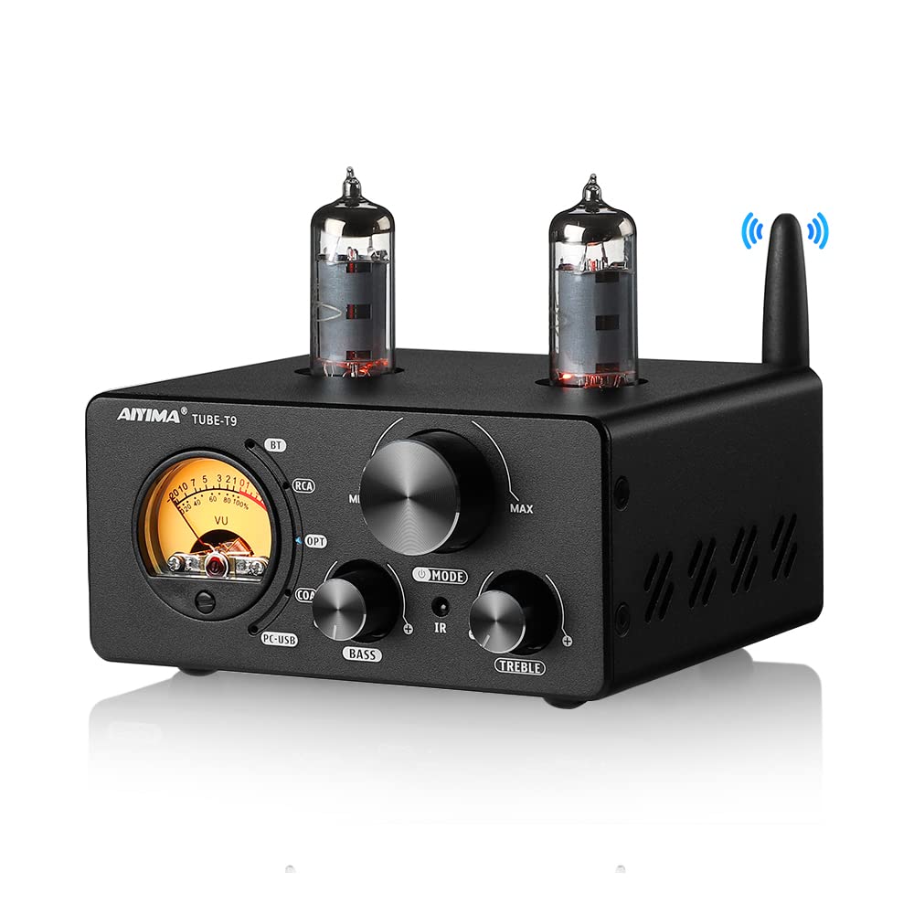 AIYIMA T9 100Wx2 Bluetooth Stereo Amplifier - Class D Power Amp with Tube Preamp, USB/Coaxial/Optical DAC, VU Meter & Bass/Treble Control | Perfect for Home Theater, Bookshelf Speakers & Vinyl Record Setup