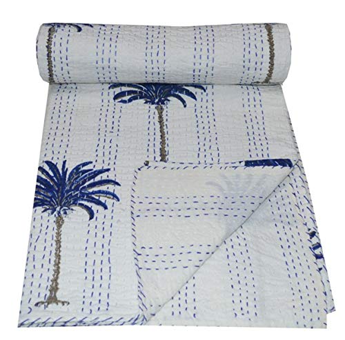 Handmade Indian Cotton Kantha Quilt - Reversible Blue Palm Tree Handblock Print Throw Blanket (90x60 Inch/220x152 Cm) | Traditional Patchwork Stitched Bedspread for Twin Bed | Perfect for Cozy Bedroom Decor, Guest Room & Boho Chic Home Styling