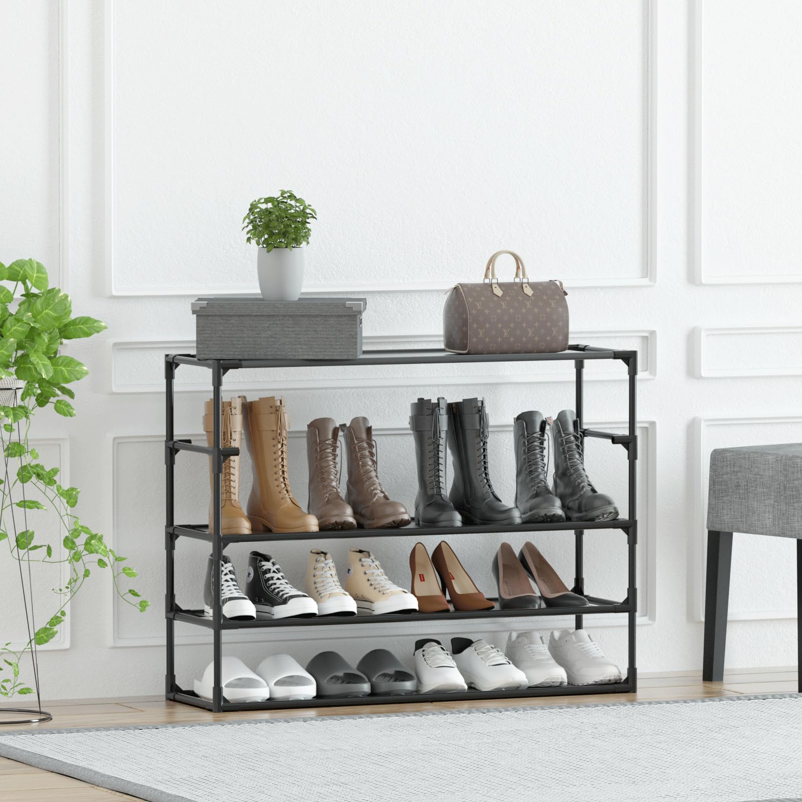 2-Pack 4-Tier Shoe Rack Organizer with Detachable Metal Frame & Non-Woven Fabric - Space Saving Shoe Storage Cabinet for Entryway, Hallway, Bathroom - Perfect for Small Spaces and Apartment Living