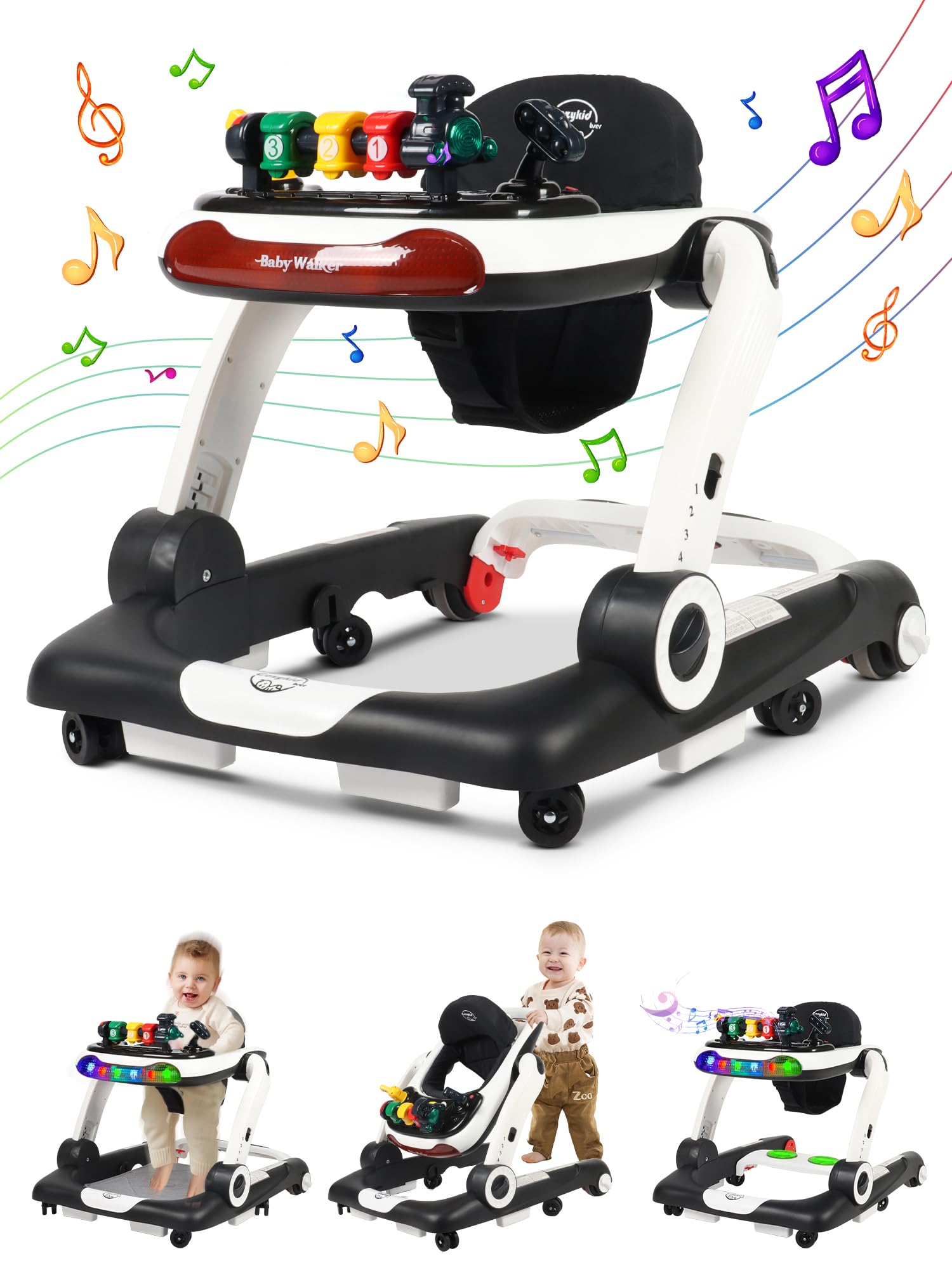 6-in-1 Musical Baby Walker with LED Lights & Wheels - Ergonomic Backrest & Non-Slip Foot Pads - Activity Center for Boys & Girls 6-18 Months (Black) - Perfect for Learning to Walk, Playtime & Developmental Stimulation at Home