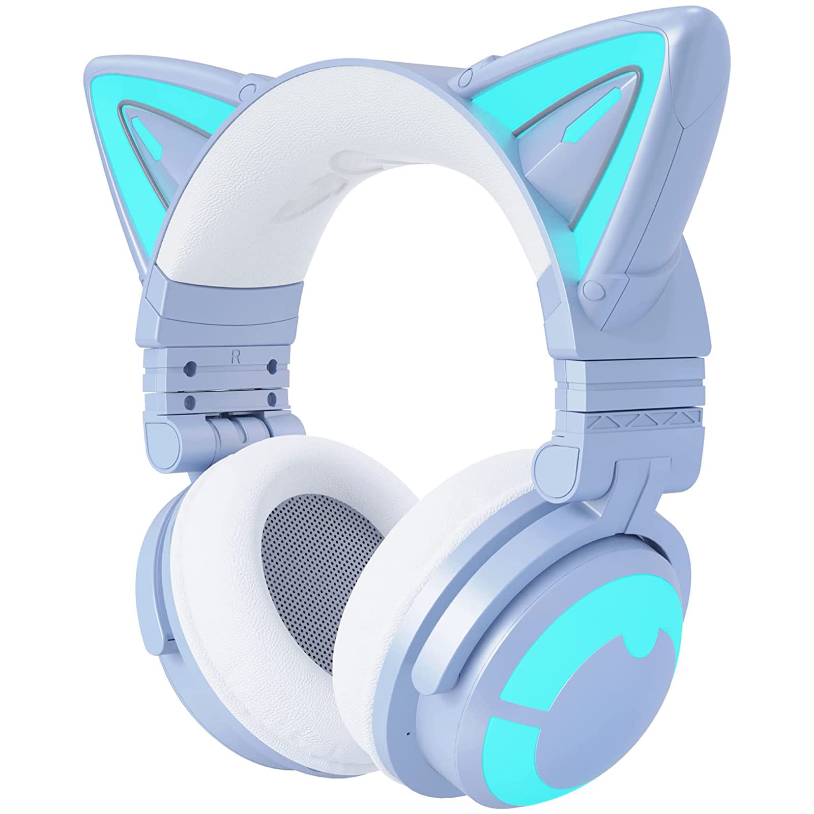 YOWU Cat Ear Headphones 3G - RGB Wireless/Wired 5.0 Foldable Gaming Headset with 7.1 Surround Sound, Built-in Mic & Customizable LED Lighting via APP, Type-C Charging (Blue) - Perfect for PC Gaming, Streaming, Anime Cosplay & Music Listening