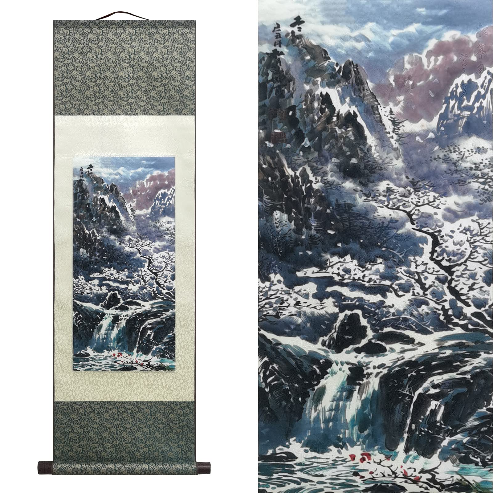 ATFArt Chinese Four Seasons Landscape Silk Scroll Painting - Winter Scene Oriental Wall Art Hanging Decor 36.2x12 Inch | Perfect for Living Room, Bedroom & Office Decoration
