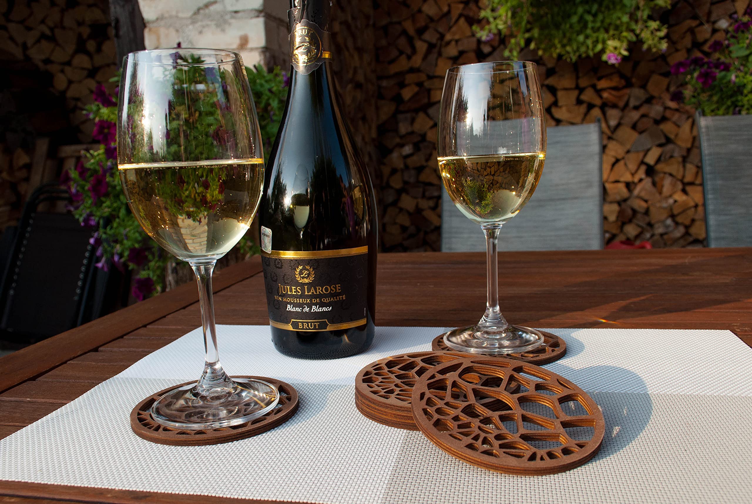 Premium Laser-Cut Wooden Drink Coasters Set of 6 - Natural Wood Coffee Table & Bar Coasters for Hot & Cold Beverages - Unique Home Decor & Tabletop Protection for Dining Room, Office & Outdoor Use