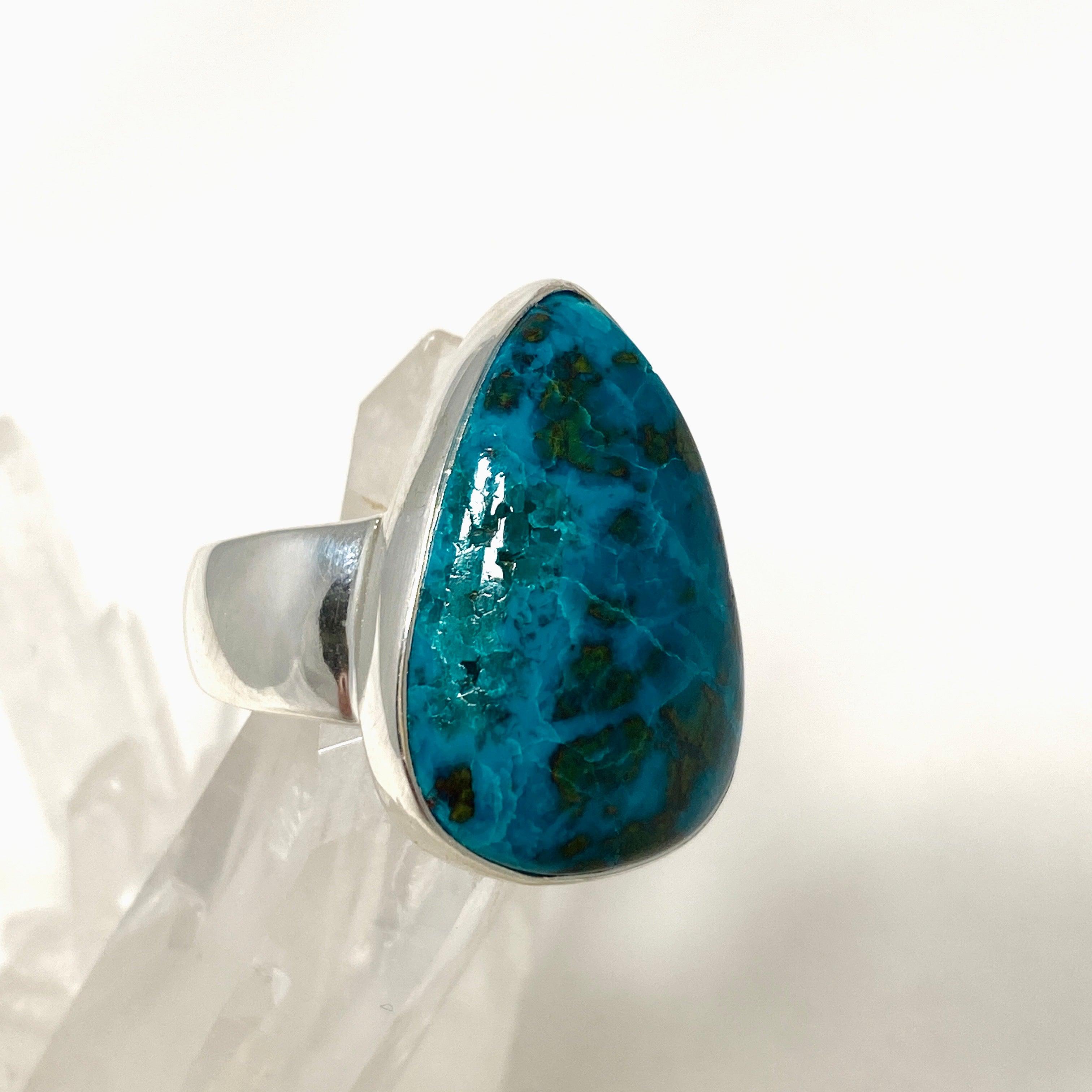 Shattuckite Dioptase Chrysocolla Teardrop Ring - Size 10 Natural Stone Jewelry KRGJ3224 | Healing Crystal Ring for Meditation & Spiritual Gifts