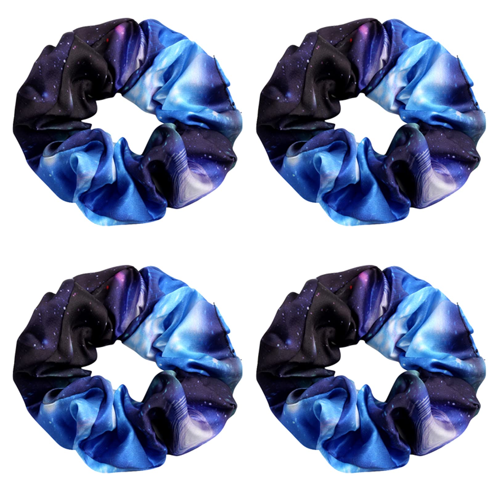 4 Pack Sparkly Metallic Hair Scrunchies - Elastic Ponytail Holders for Girls, Women | Soft Wide-Sided Hair Ties for Dance, Sleep, School & Stage Performance (Blue & White) | Perfect for Ballet, Cheerleading, Gym & Everyday Use