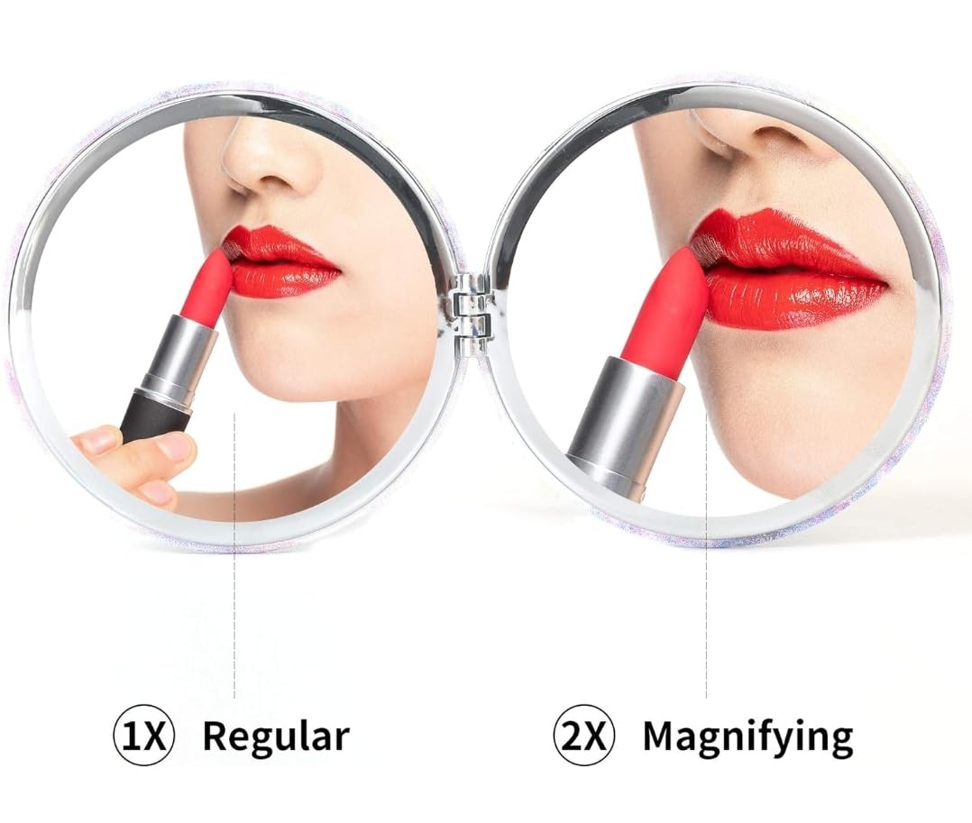 Portable Compact Mirror with 2x Magnification - Glossy Travel Mirror for Purses, Handbags & Makeup Touch Ups On The Go | Perfect for Travel, Office & Daily Use
