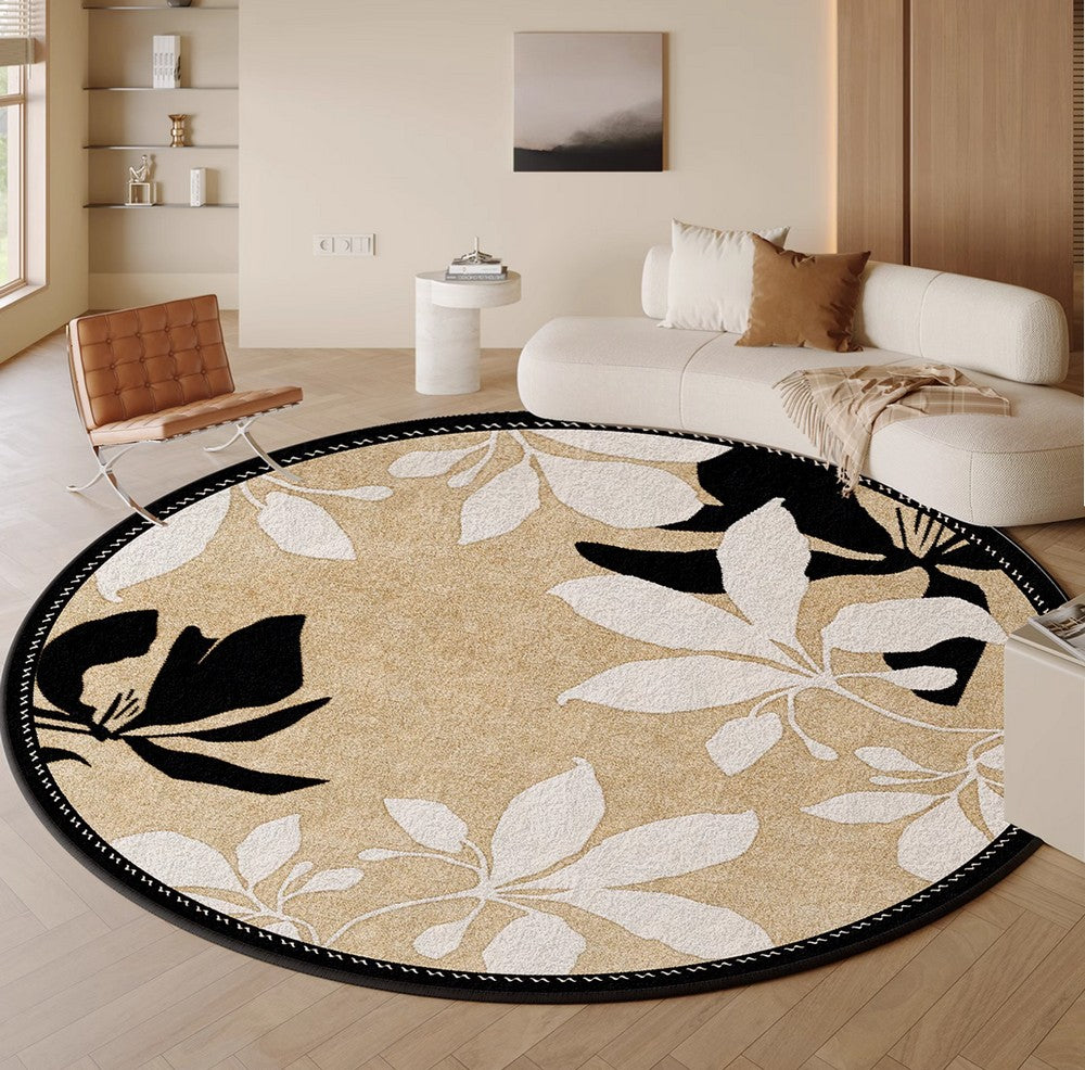 Contemporary Modern Floral Round Rug - Geometric Abstract Circle Rug for Dining Room & Bedroom - Non-Slip Area Rug Under Chairs - Perfect for Home Decor, Living Room, Office