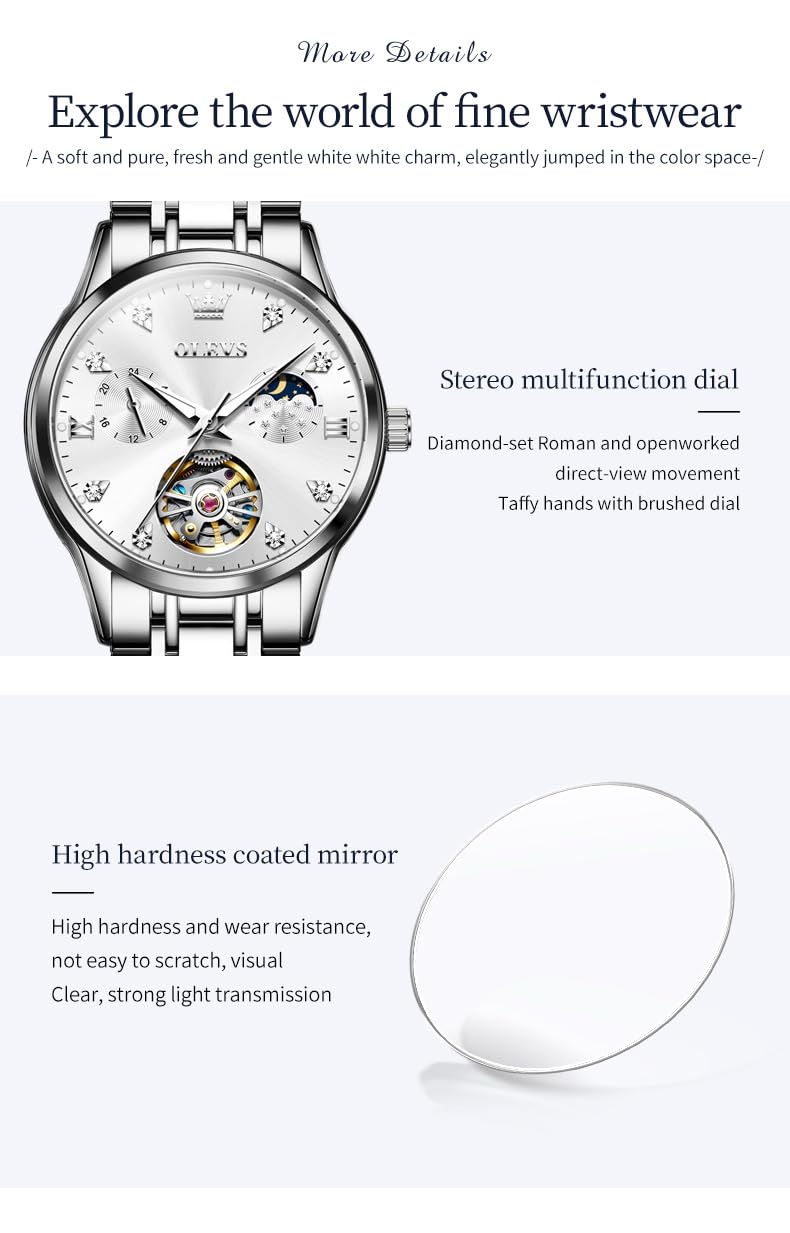 OLEVS Automatic Winding Hollow Skeleton Moon Phase Women's Watch - Stainless Steel Waterproof Ladies Watch with Two-Tone Band | Perfect for Business, Party & Everyday Wear