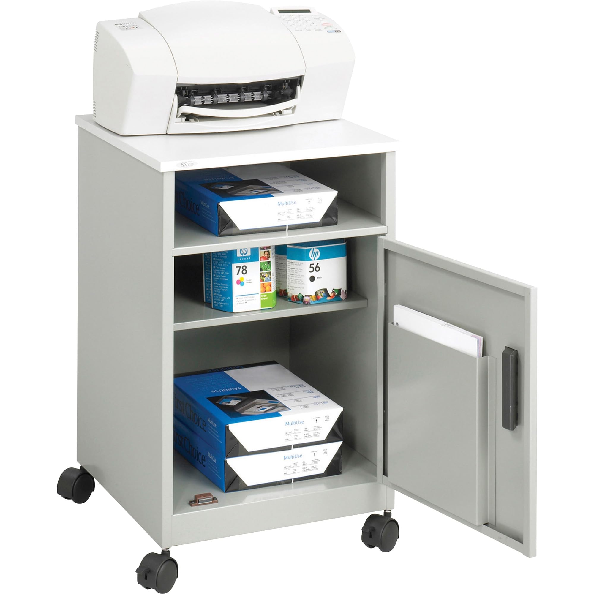 Safco 1871GR Compact Machine Stand with Single Door Storage - Gray | Heavy Duty Workbench for Garage, Workshop & Office Organization