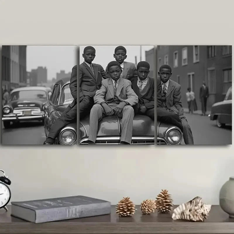 3-Piece Vintage Car & Teens Scene Metal Wall Art - Ready to Hang Home Decor for Living Room, Bedroom, or Office