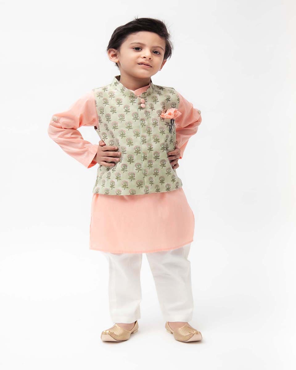 Pre Order: Stylish Green Print Jacket with Peach Kurta Set - Perfect for Festivals, Weddings & Ethnic Fashion