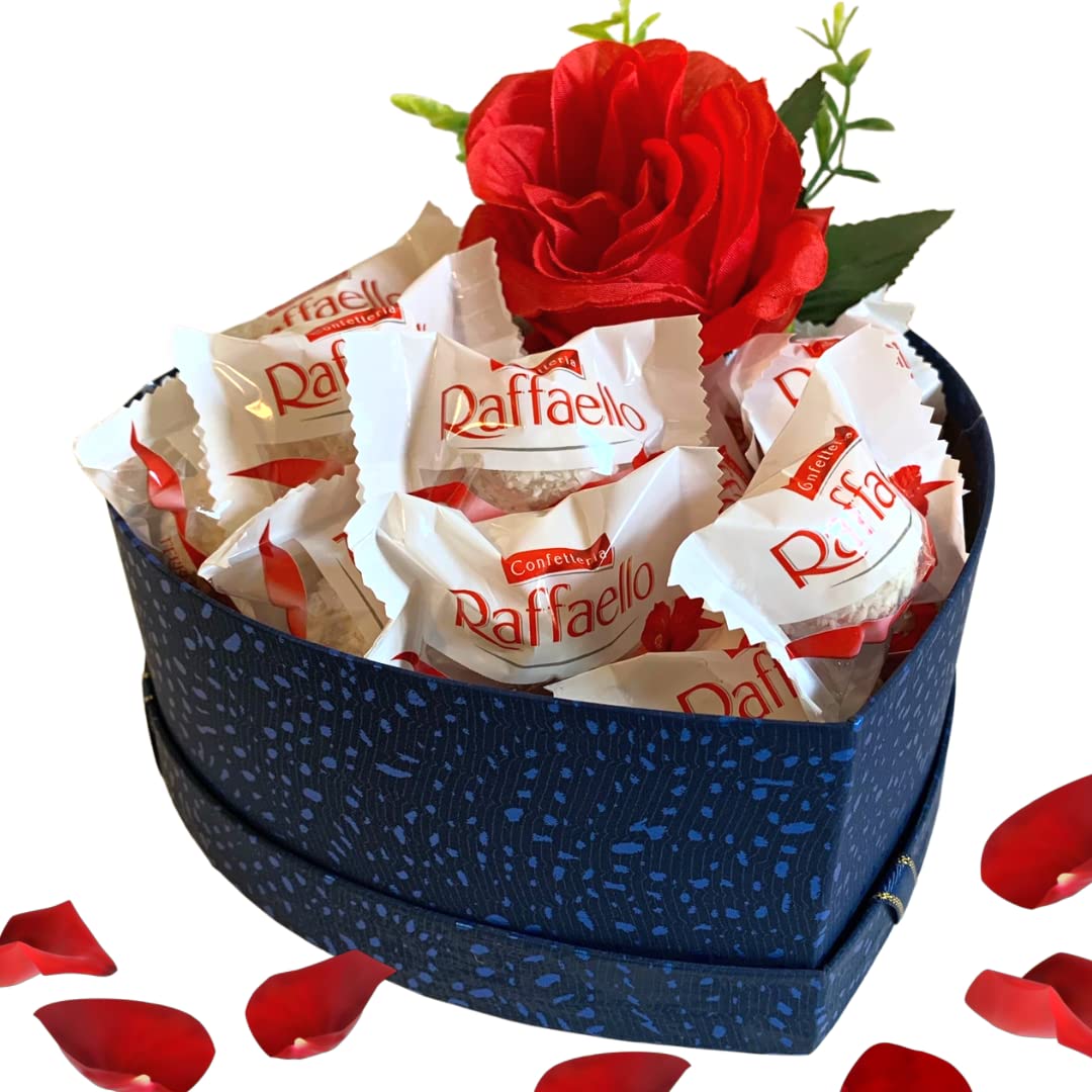 NARAMAKI® Elegant Heart-Shaped Gift Box with 180g Raffaello Chocolates & Red Decorative Rose - Perfect for Easter 2025 & Mother's Day 2025 Gifts - Ideal for Romantic Surprises, Anniversary Presents & Special Occasions
