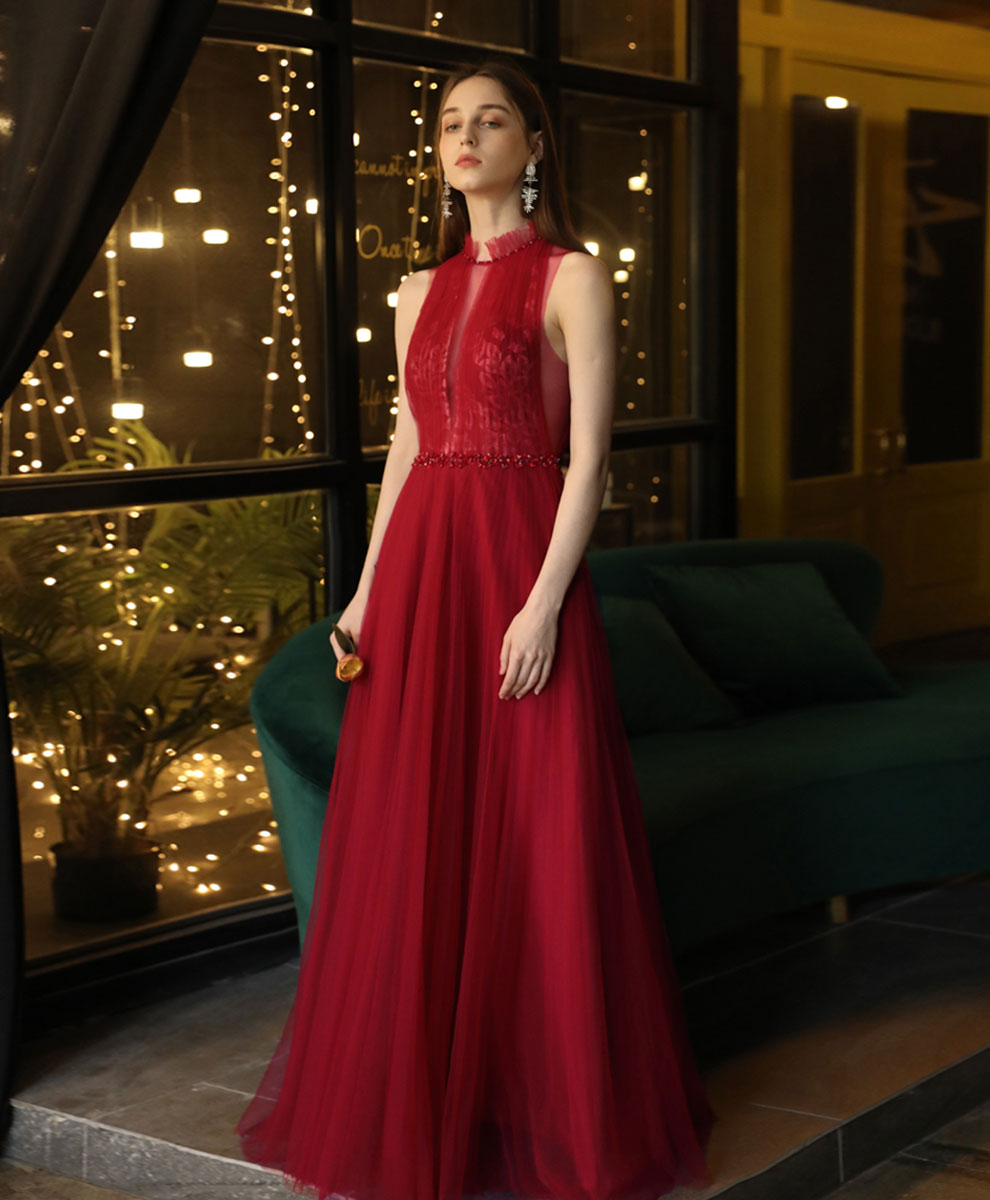 Elegant Burgundy High Neck Tulle Lace Long Prom Dress - Formal Evening Gown for Homecoming, Wedding Guest & Special Occasions