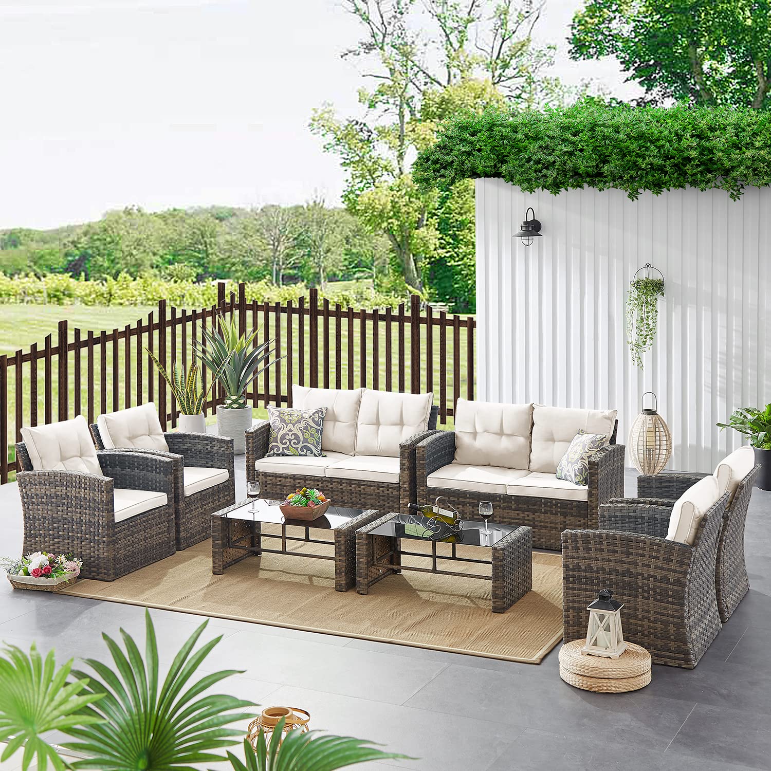 8-Piece Brown Gradient PE Rattan Outdoor Patio Furniture Set - Loveseat, Sofa, Chair & Table with Beige All-Weather Cushions - Perfect for Garden, Backyard, Poolside & Terrace Relaxation