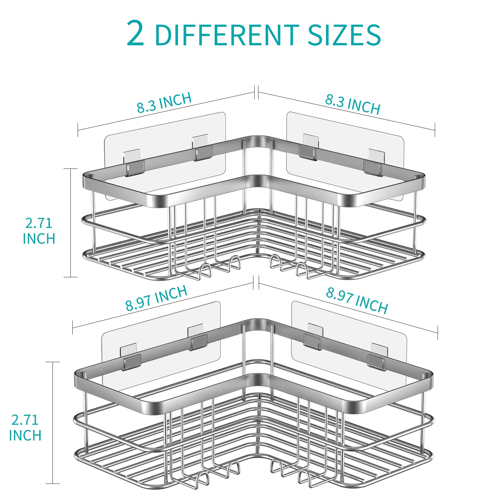 2-Pack No Drill Stainless Steel Shower Caddy Corner Shelf Organizer - Rustproof Bathroom & Kitchen Storage for Shampoo, Soap, Sponges - Perfect for Small Spaces & Rental Homes (Silver)