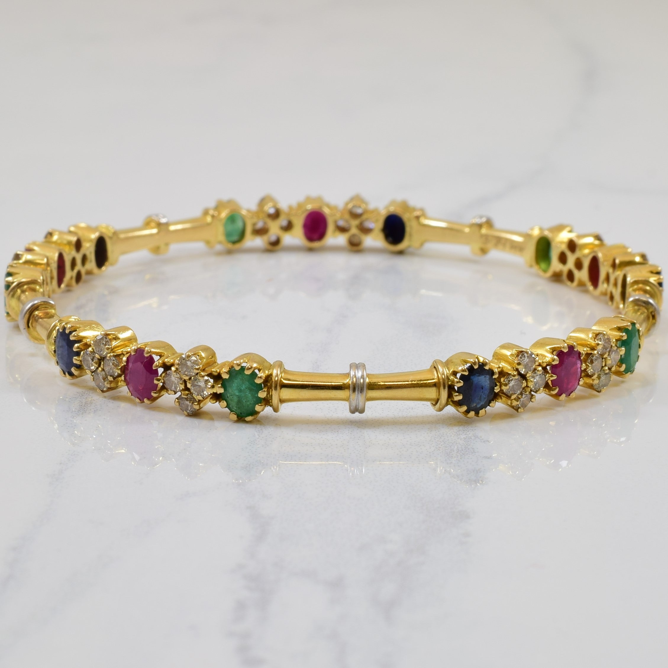 14K Yellow Gold Mixed Gemstone Bangle Bracelet - 3.34ctw Diamonds & 1.80ctw Gemstones - Size 7.5 - Perfect for Weddings, Anniversaries & Special Occasions