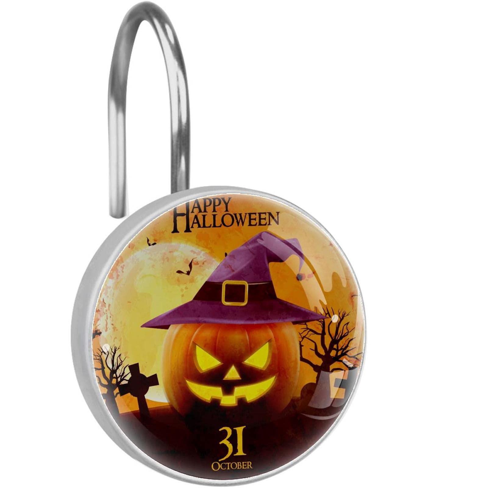 LORVIES Happy Halloween Smiling Pumpkin Shower Curtain Hooks - Set of 12 Stainless Steel Rust-Resistant Bathroom Hangers for Kids Room & Home Decor | Perfect for Halloween Party Decorations & Themed Bathroom Accessories